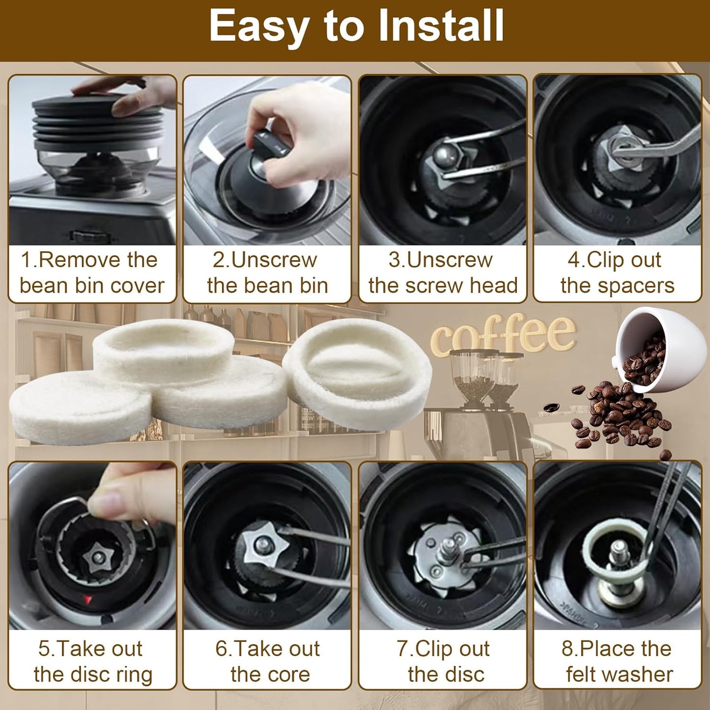 10Pcs Felt Washer Replacement for Breville Espresso Machine Grinders, Compatible with BES870, BES878, BES880, BES980, BES990, BCG600, BCG820, Breville Espresso Machine Parts