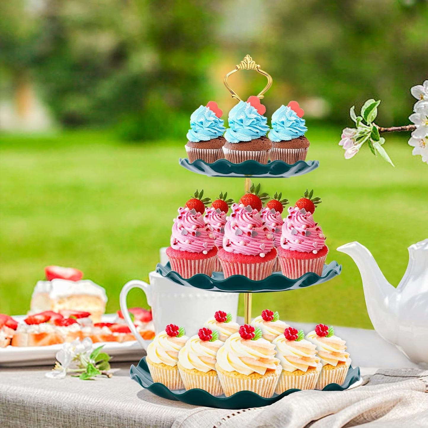 3 Tier Cupcake Stand Holder, Plastic Cup Cake Stand Tower with Tiered Serving Tray for Cupcakes, Donuts, Fruits and More (Green)