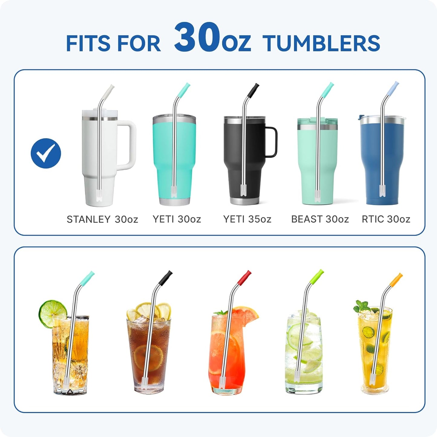 Reusable Stainless Steel Straws with Silicone Tip for Stanley 30oz, Metal Drinking Straws for 30oz Tumbler,3 Bent Tubes & 6 Tips& 1 Cleanr Brush (Iris)