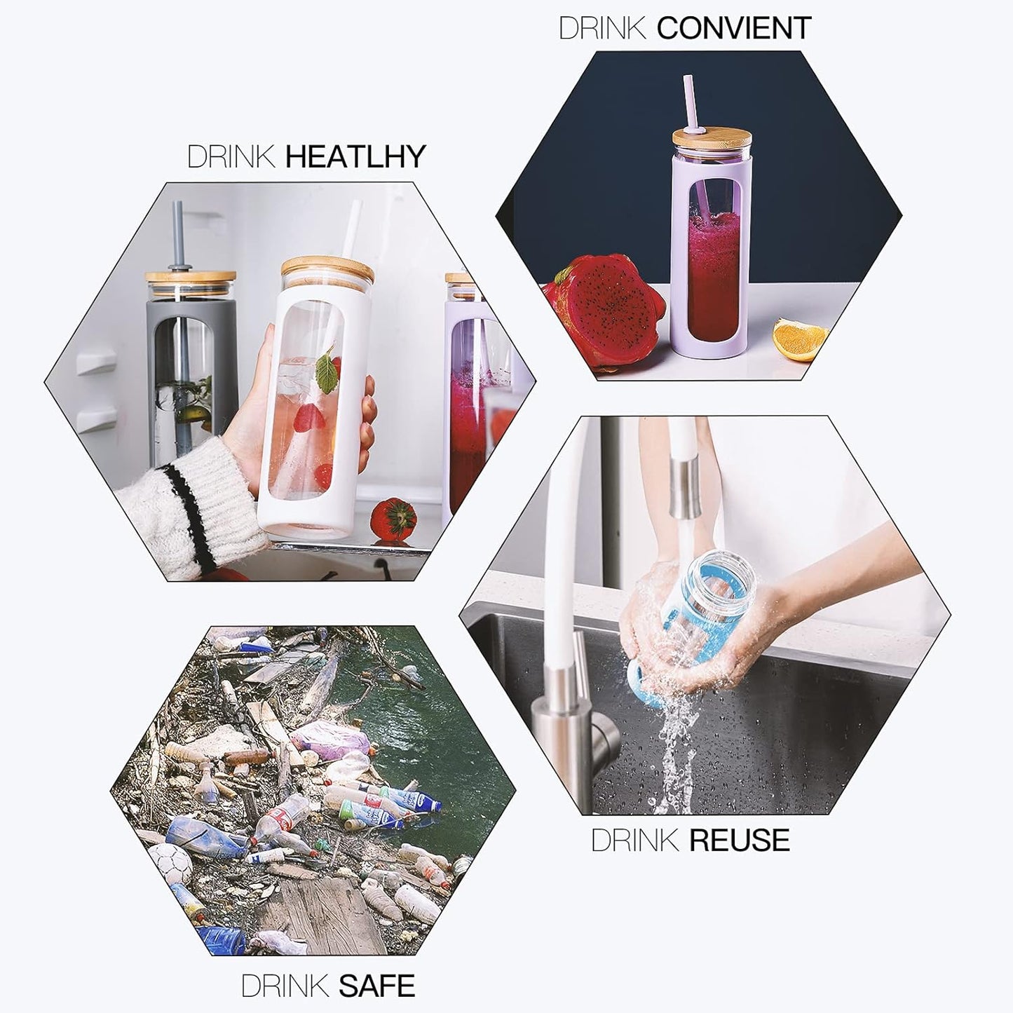 Kodrine 20oz Glass Tumbler with Straw and Lid, Bamboo Lids Water Bottle, Reusable Iced Coffee Cups, Wide Mouth Smoothie Cup with Protective Silicone Sleeve BPA FREE-White+Black-2pack