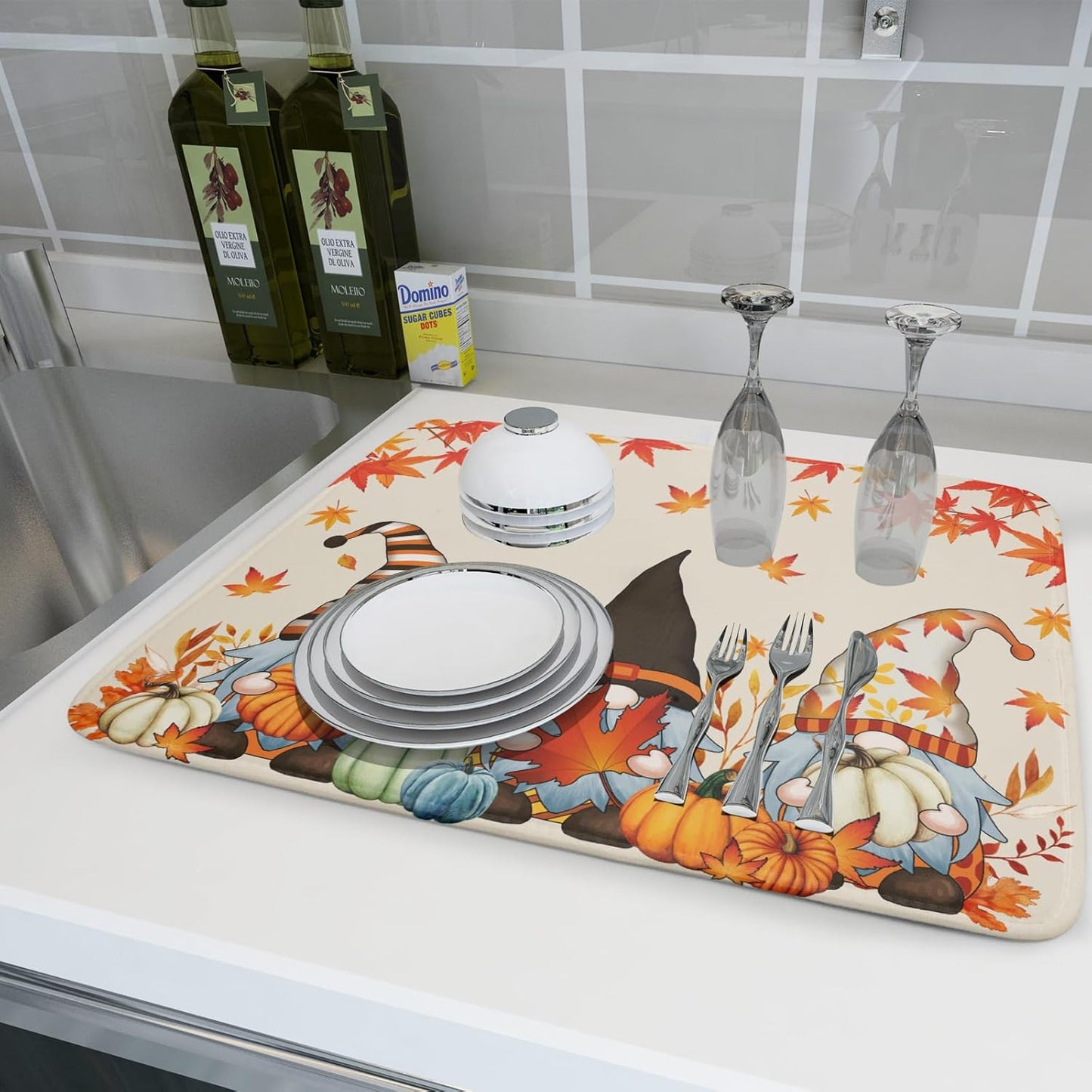 Fall Gnome Dish Drying Mat for Kitchen Counter Fall Pumpkin Dish Drying Mat Absorbent Fast Dry Drying Mat 16x18 Inch Thanksgiving Day Maple Leaves Dishes Pad Dish Drainer Rack Mats Fall Decor