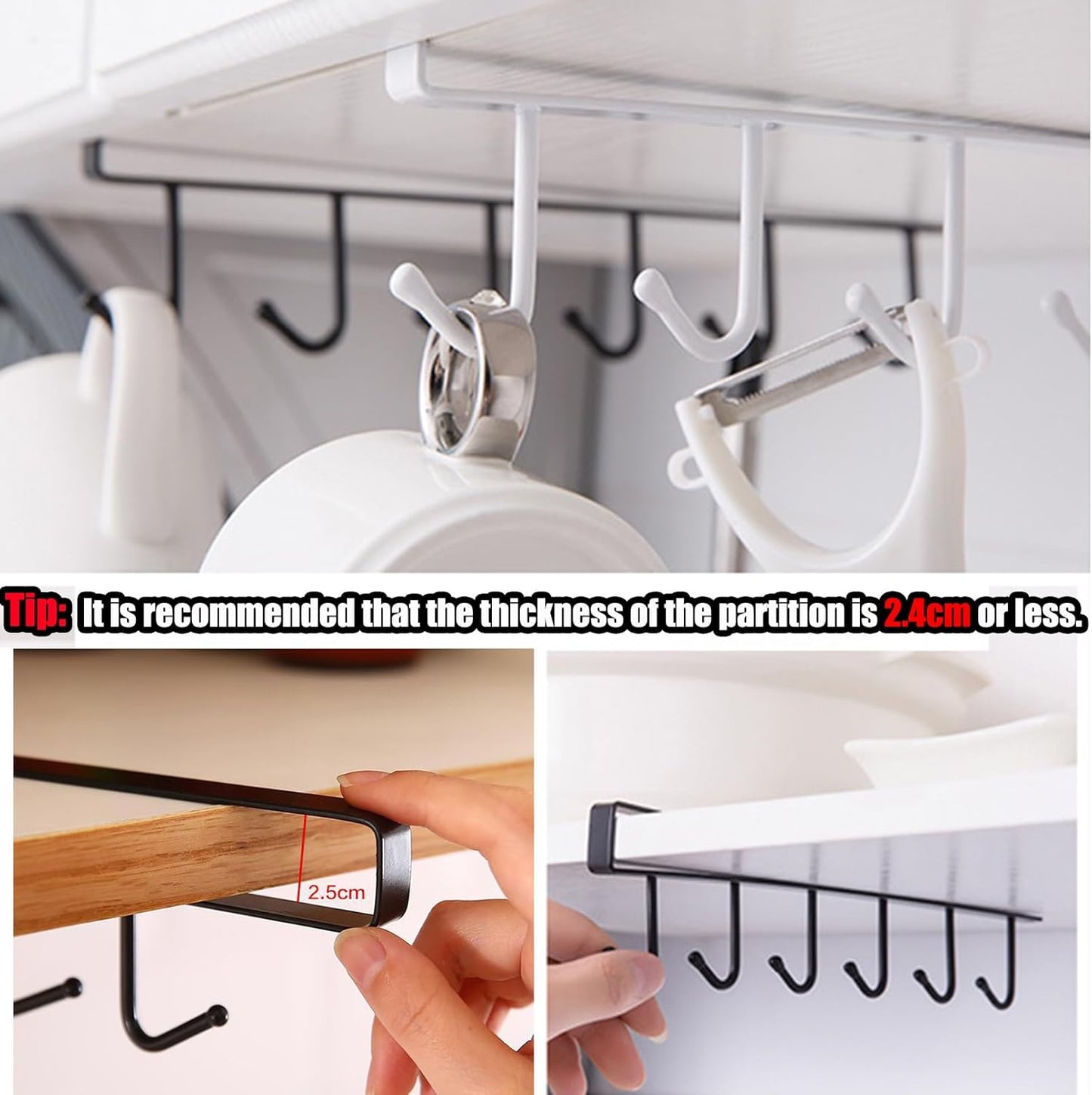 6PCS Mug Hooks Under Cabinet,Mug Holder Under Shelf,Coffee Cups Holder Hanger with 6 Hooks for Kitchen Utensils,Fit for 0.95 inch Thickness or Less,Drilling Free (White)