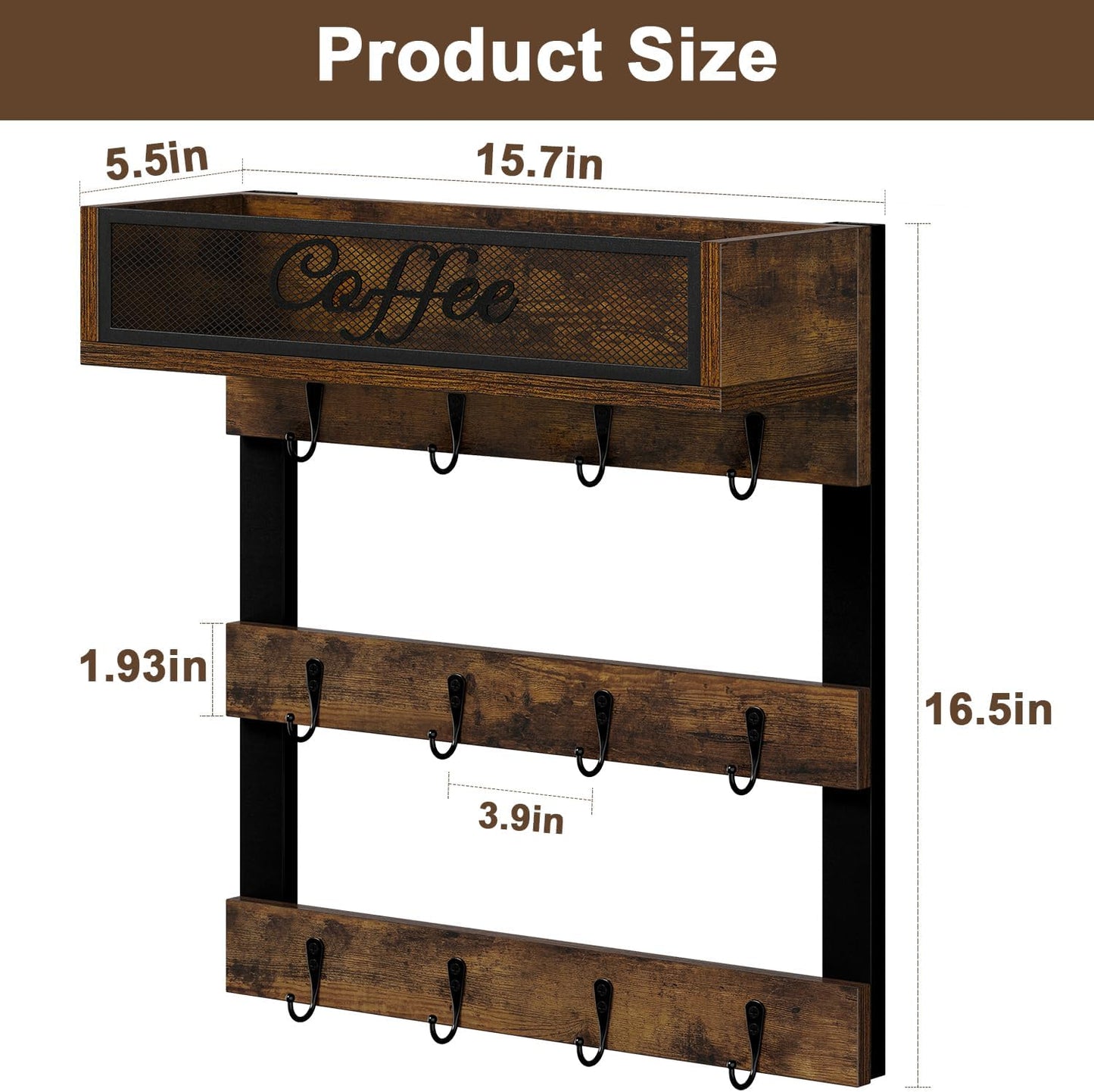 YINMIT Coffee Mug Holder with 12 Hooks, Coffee Cup Holder Wall Mounted with Top Shelf, Mug Organizer for Home Kitchen, Brown