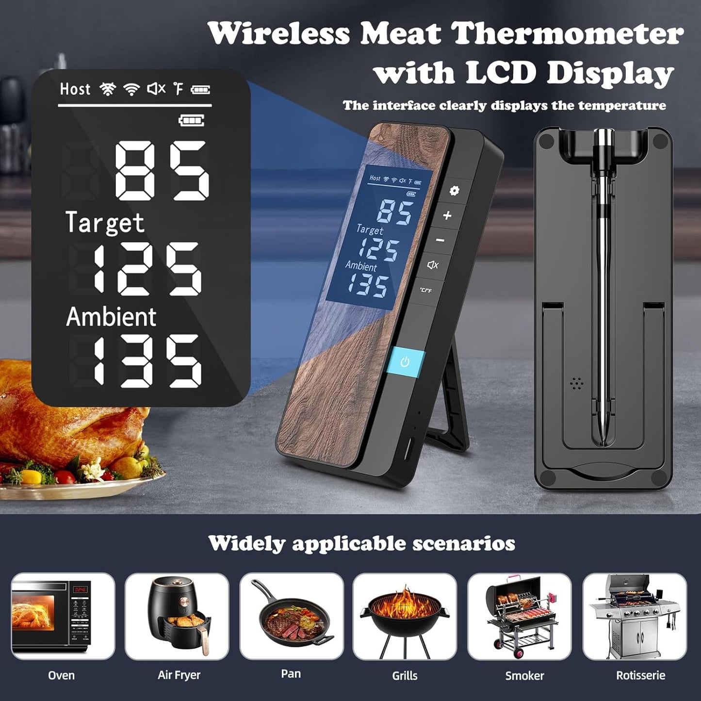 Wireless Meat Thermometer-Multi Sensors Digital Food Thermometer with Ultra-Thin Probe, Accuracy Smart Bluetooth Meat Thermometer for Steak, BBQ, Oven, Grill, Smoker,Recipes in App & Host