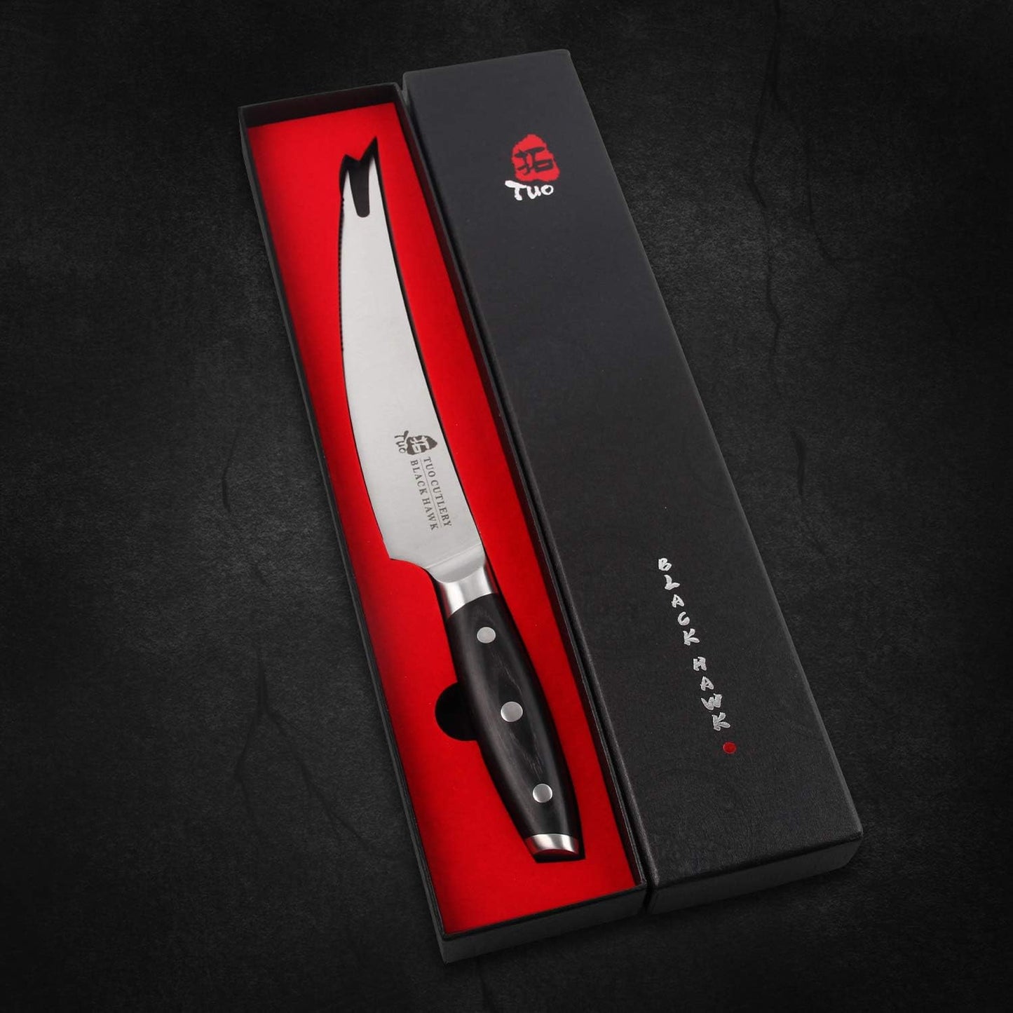 TUO Carving Knives & Forks - Barbecue knives 8'' - Meat Cutting Fork-Shaped Tip Utility bbq Knives - German X50CrMoV15 Steel Knife - Full Tang Pakkawood Handle with Gift Box - BLACK HAWK Series