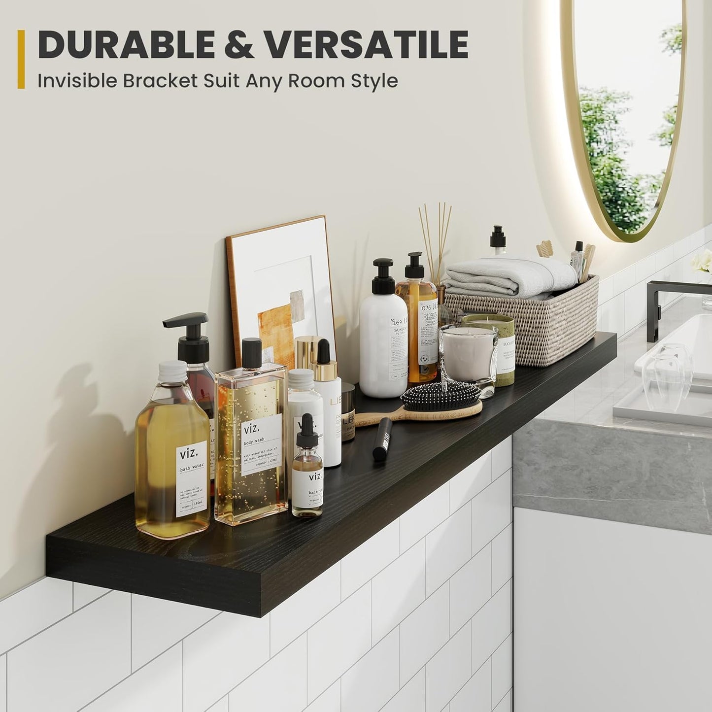 72 Inch Floating Shelves, 9.3" Deep Floating Shelf Wall Mounted, 72" Wall Shelves, Rustic Deep Bookshelf, Large Display Shelves & Storage Shelves for Bedroom, Living Room, Black, Set of 1