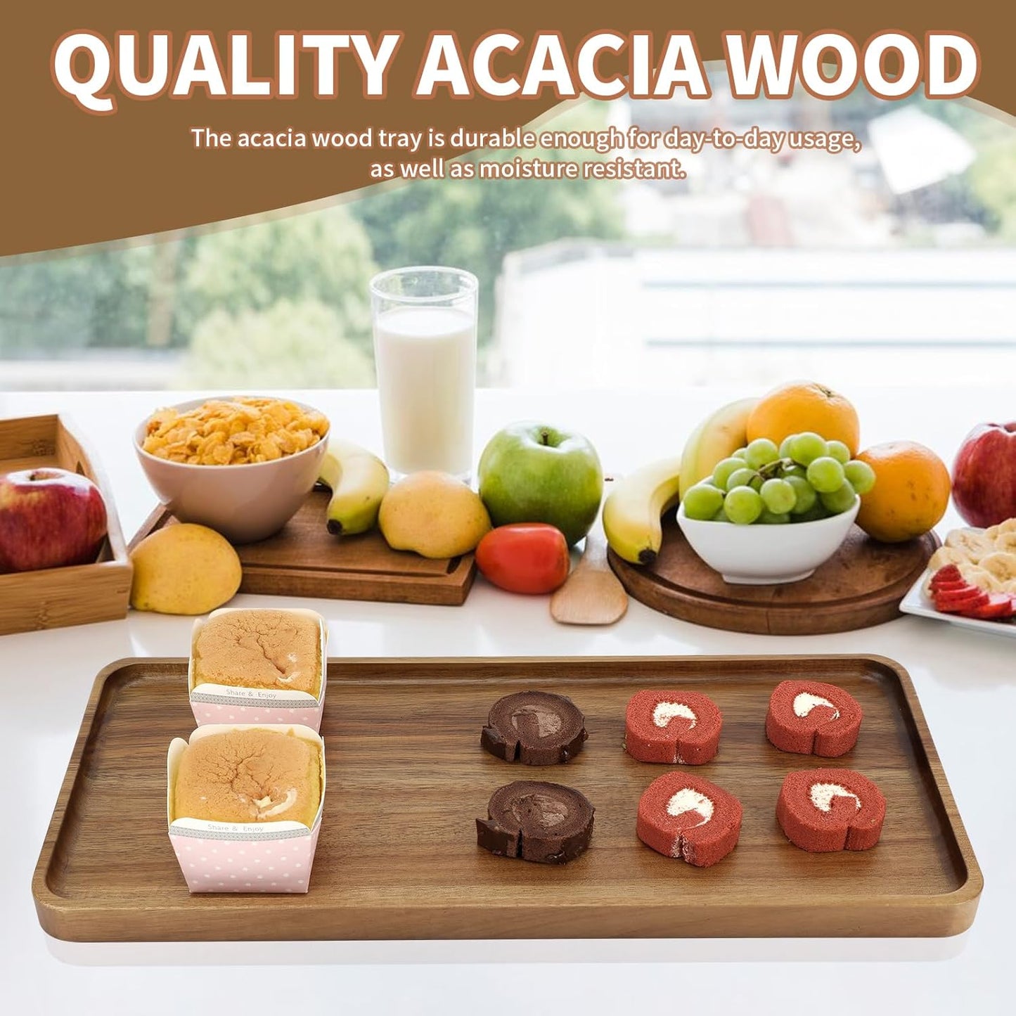 1 pcs 15.7" x 7" Large Solid Acacia Wood Serving Trays Rectangular Wooden Serving Platters Natural Wooden Boards for Bar Coffee Party