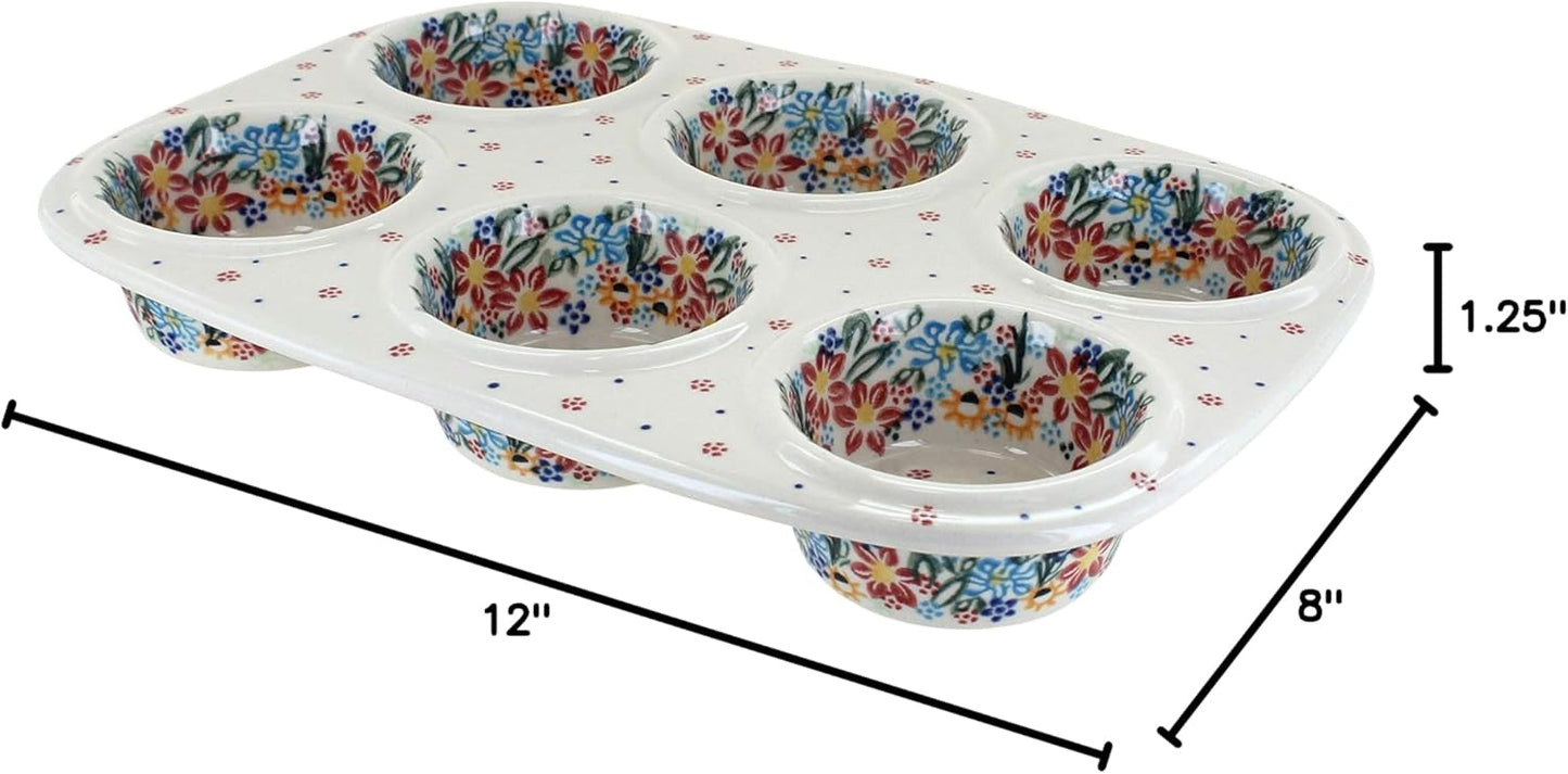 Blue Rose Polish Pottery - Blue Tara Muffin Pan - 12" x 8" - Ceramic Baking Dish, 6-Cup Muffin & Cupcake Pan