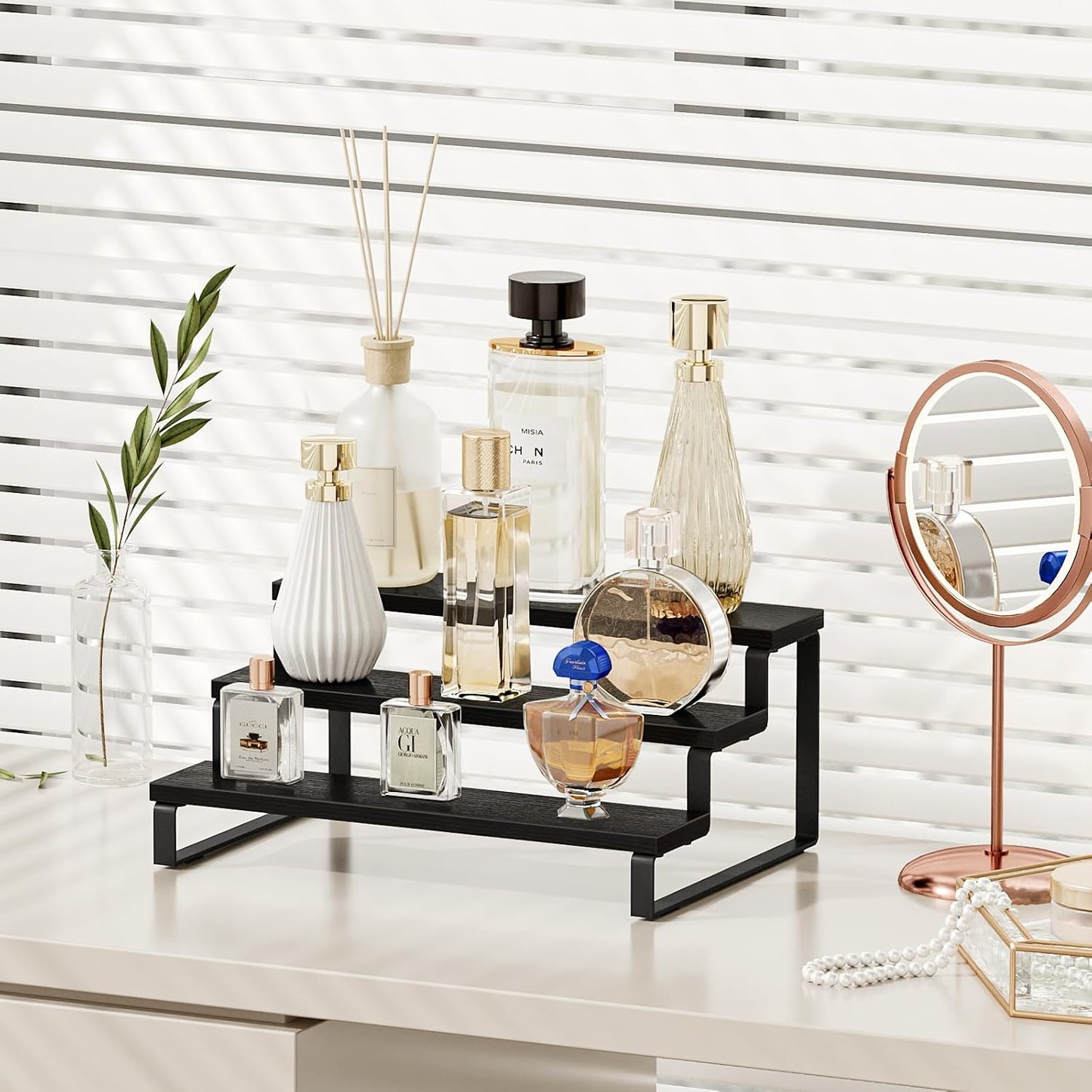 Giikin 3 Tier Spice Rack, Set of 2 Wooden Spice Rack for Countertop, Cabinet Organizer Shelf Kitchen Counter Storage Shelves Cupcake Stand Holder Display Stand, Black