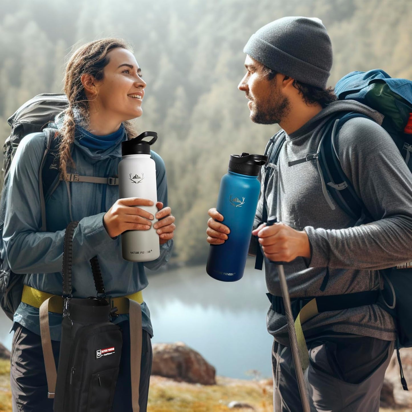 NATURE PIONEOR Insulated Water Bottles with Straw - 40oz Stainless Steel Vacuum Bottle with Holder/Carrier/Sleeve - Reusable 18/8 Food Grade 40 oz Water Jug