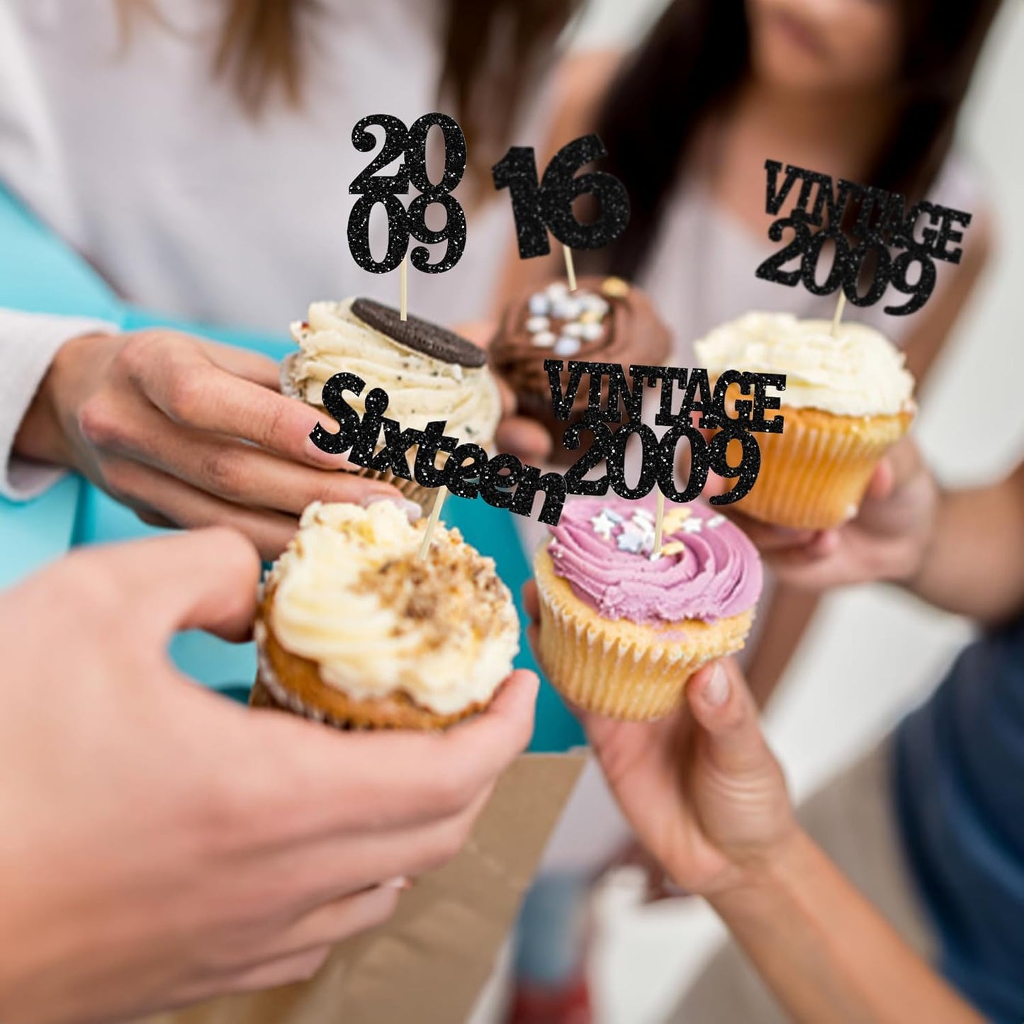 Gyufise 24Pcs 16th Birthday Cupcake Toppers Glitter Sixteen Vintage 2009 Sweet 16 Cupcake Picks Hello 16 Years Birthday Cake Decorations for Happy 16th Birthday Anniversary Party Supplies Black