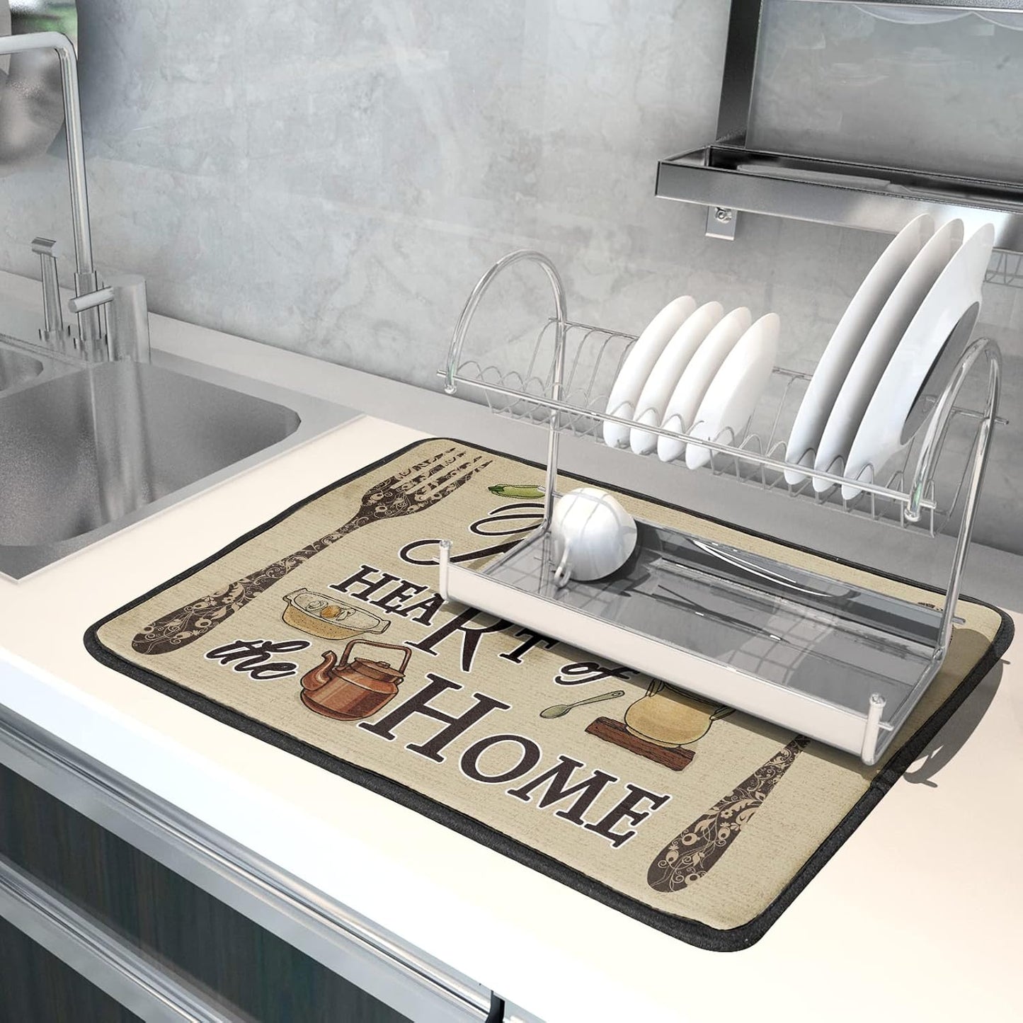 Dish Drying Mat The Kitchen is The Heart of The Home, 18x24 inch Large Absorbent Farmhouse Vintage Coffee Cooking Set Drainer Mat Dish Pad Protector for Countertops Home Office Cafe Accessory