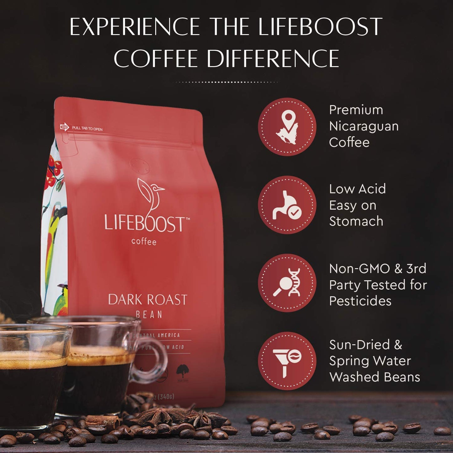 Lifeboost Dark Roast Whole Bean Coffee - Non-GMO Low Acid Single Origin USDA Organic Coffee - Third Party Tested For Mycotoxins & Pesticides - 12 Ounces (Pack of 3)