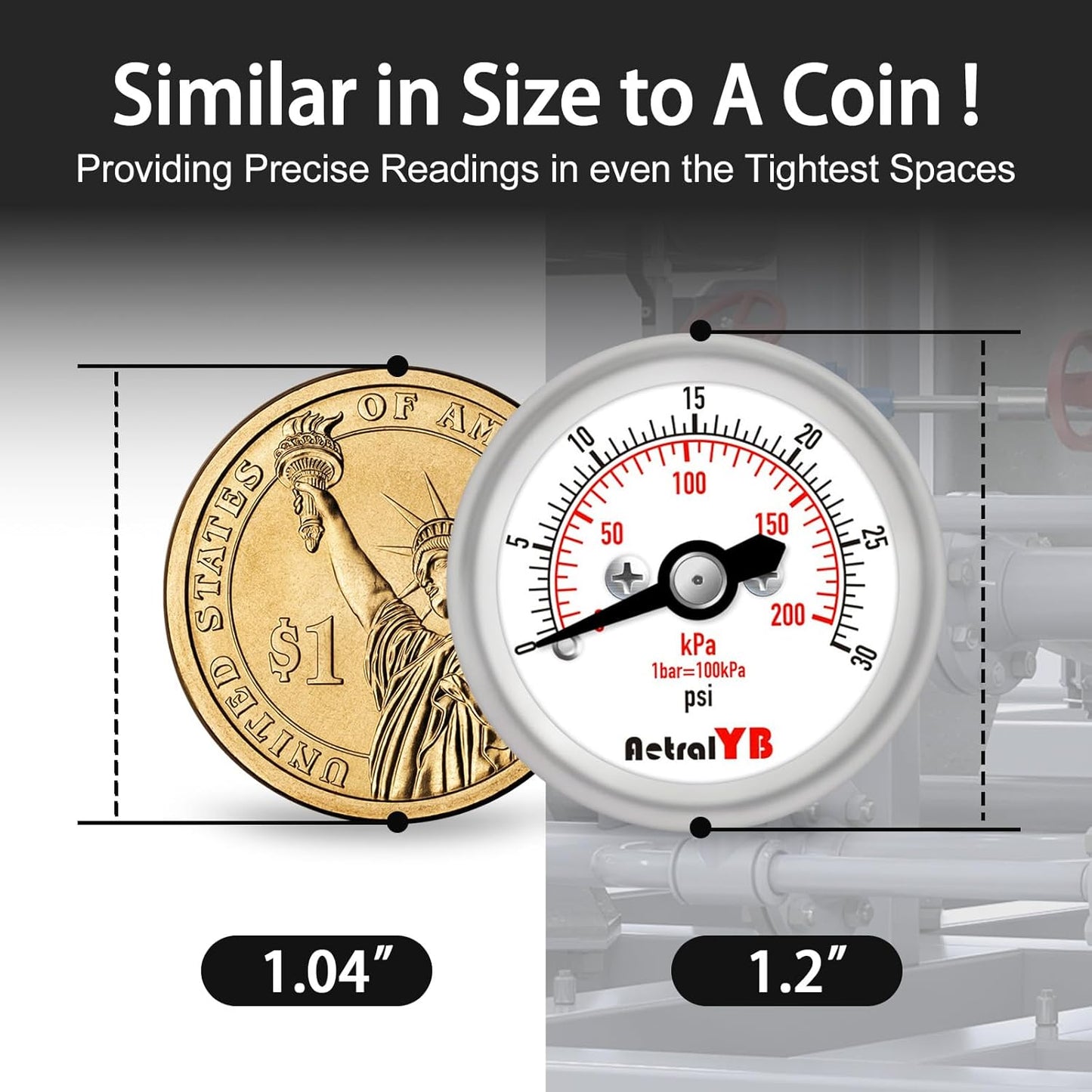 30Psi/200Kpa Mini Pressure Gauge,Stainless Steel Housing,Brass Internal,1.2 Inch Dial,NPT 1/8" Back Mount,Dry Type,Lead-Free Material, for Air,Water,Oil Pressure Test