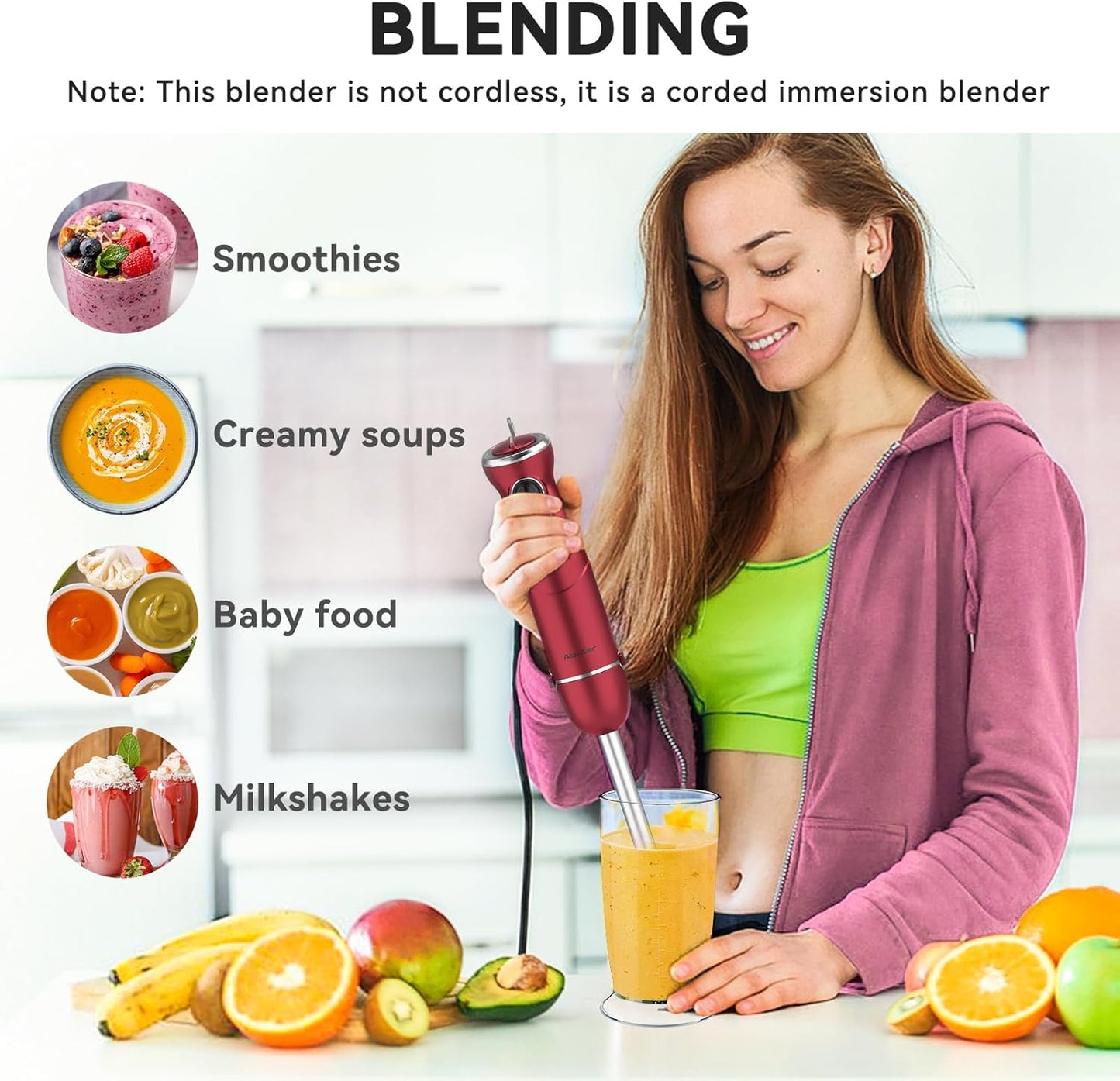 Immersion Blender 5 in 1 Hand Blender, Abuler 1000W Hand Mixer Stick,12 Speed Handheld Blender 304 Stainless Steel with 600ml Mixing Beaker, 500ml Chopper, Whisk and Milk Frother for Soup, Baby Food