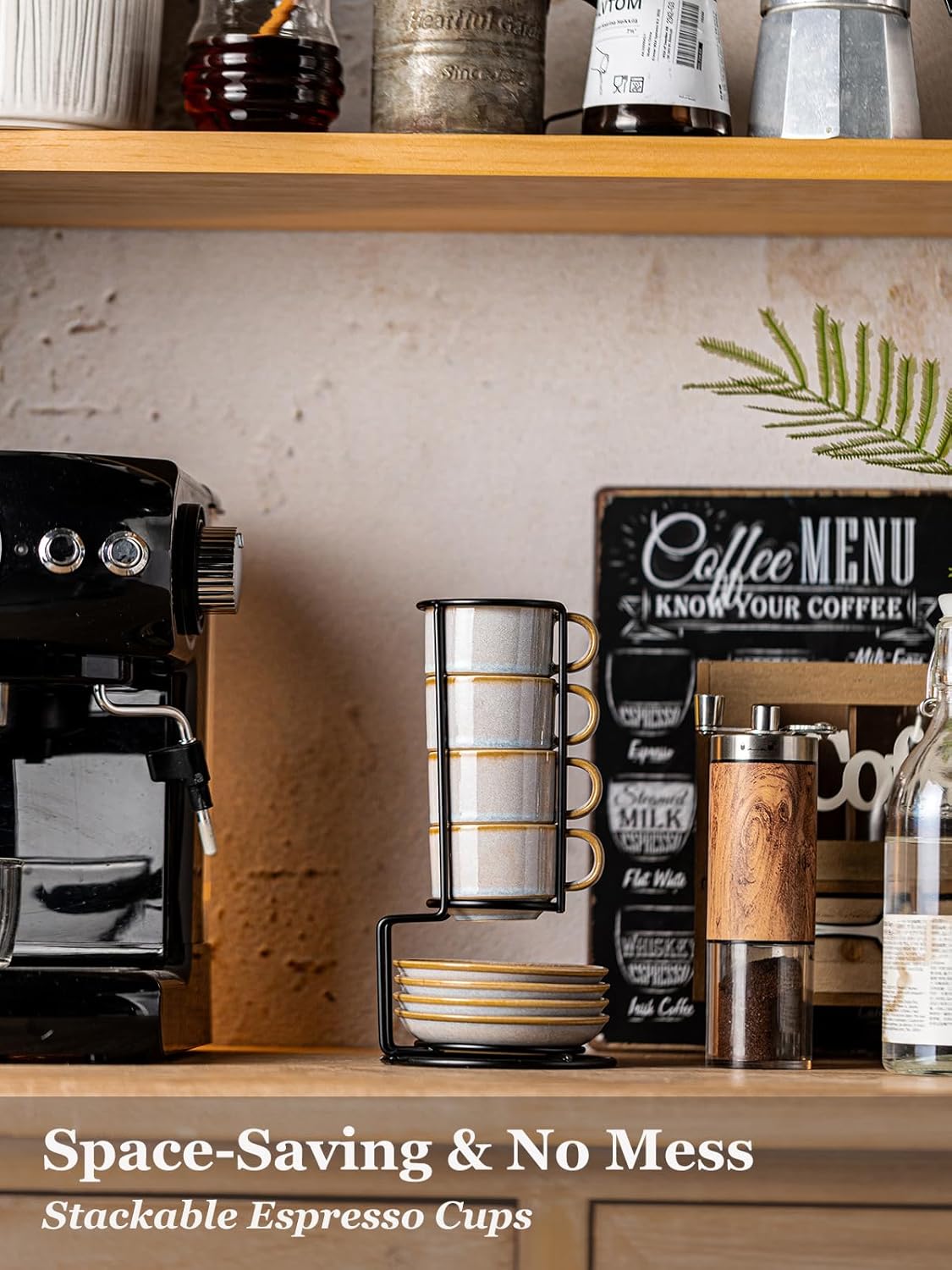 Gomakren 2.5 Ounce Espresso Cups Set of 4, Small Stackable Coffee Cups with Saucers and Metal Stand, Porcelain Demitasse Cups for Specialty Coffee Drinks, Espresso, Cappuccino, Latte, Tea, Gray