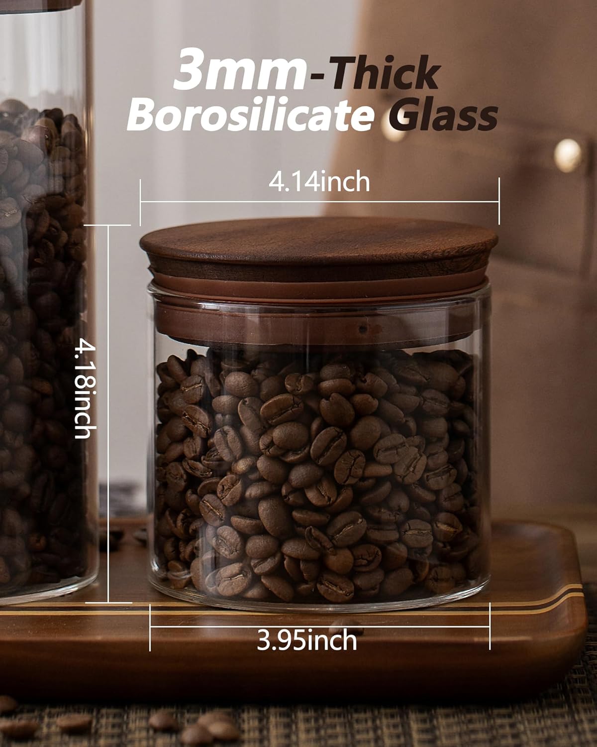 500ml Glass Coffee Canister with Wooden Lids and Scoop, Kitchen Coffee Container Set of 2 Hold Up to Total 12 oz of Coffee Bean, Airtight Food Storge Jars for Ground Coffee Bar Cereal Snack