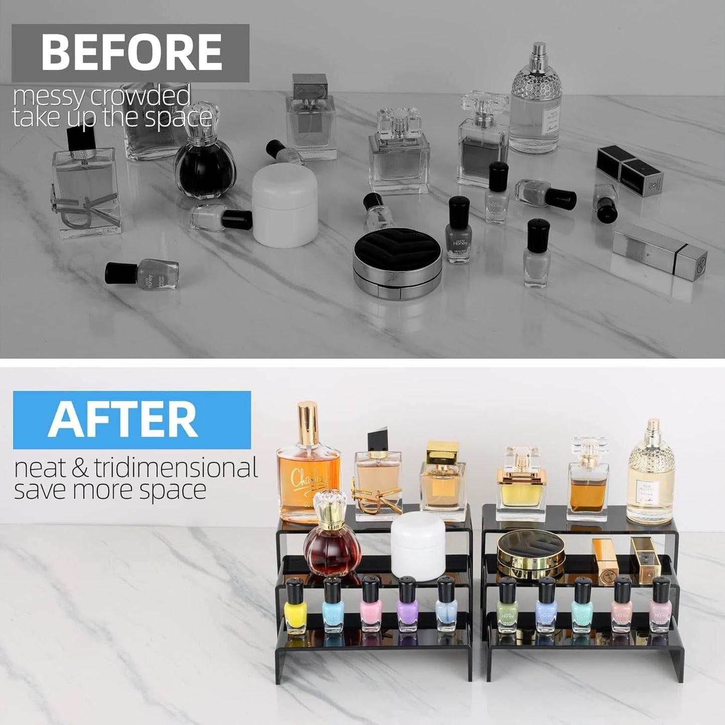 Goabroa Black Acrylic Display Risers, 3 Tiers 2 Set (6 Pcs) Acrylic Shelves Organizer Display Stand, Conutertop Desktop Stands for Decoration and Organizer