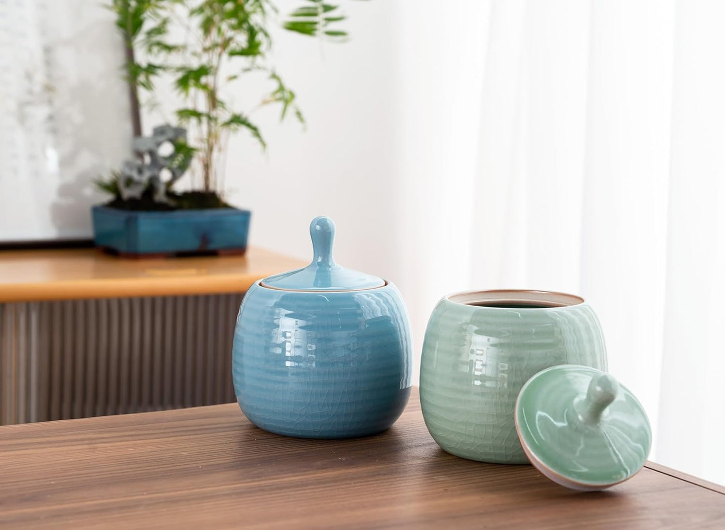 Kitchen Canisters Vintage Ceramic Food Storage Jar with Airtight Lid for Tea, Coffee, Herb, Sugar, Spice, Nuts (Green(ICE))