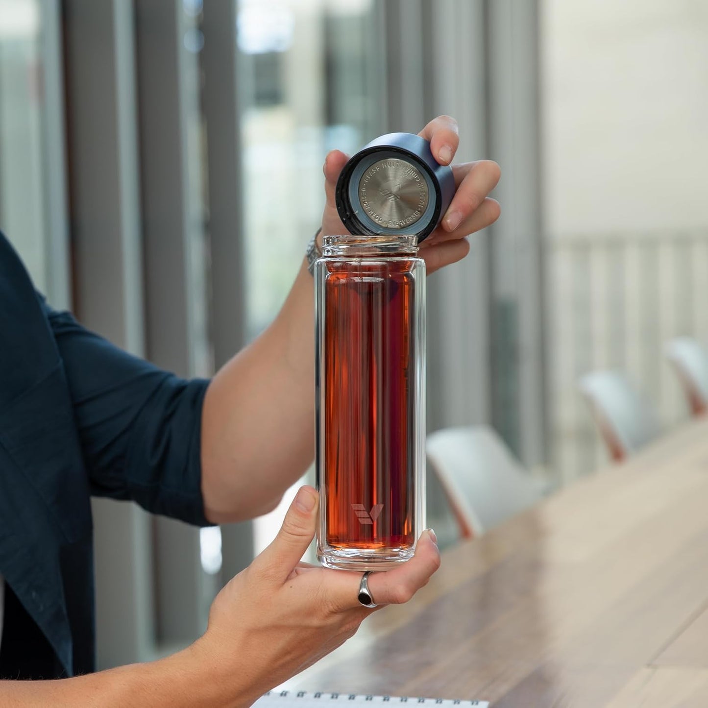 Glass Multi Tea Infuser Bottle 14oz - Double Wall Borosilicate Glass Flask | No Plastic Touches Contents | Perfect for Office or Home - Blue