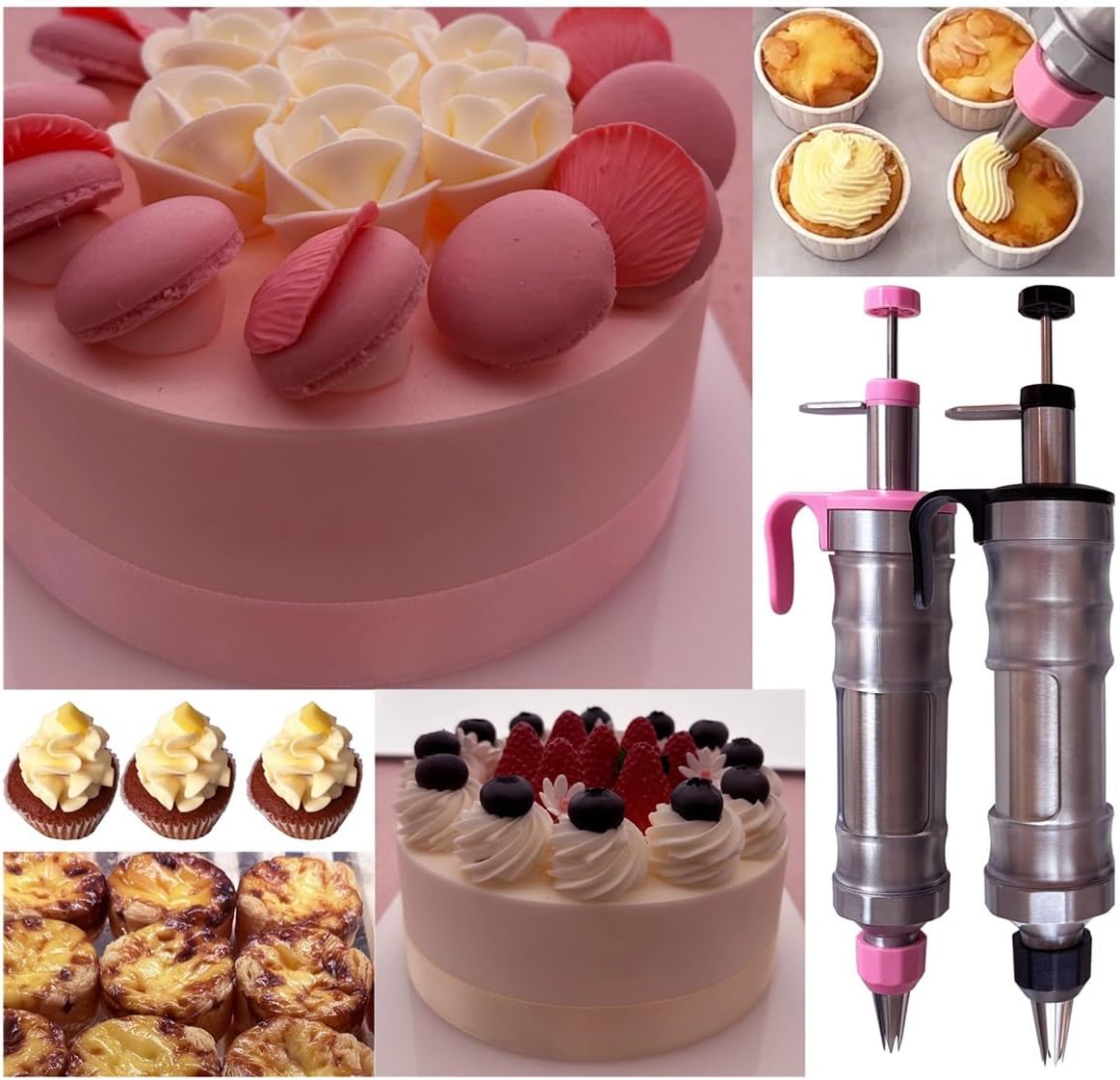 Dessert Decorating Piping Syringe Set Cake Decorating Tool Cookie Gun Press,Icing Decoration Gun,Frosting Piping Kit 6 Piping Icing Nozzles for Baking,Decorating Cupcake,Deviled Eggs (Silver & Black)