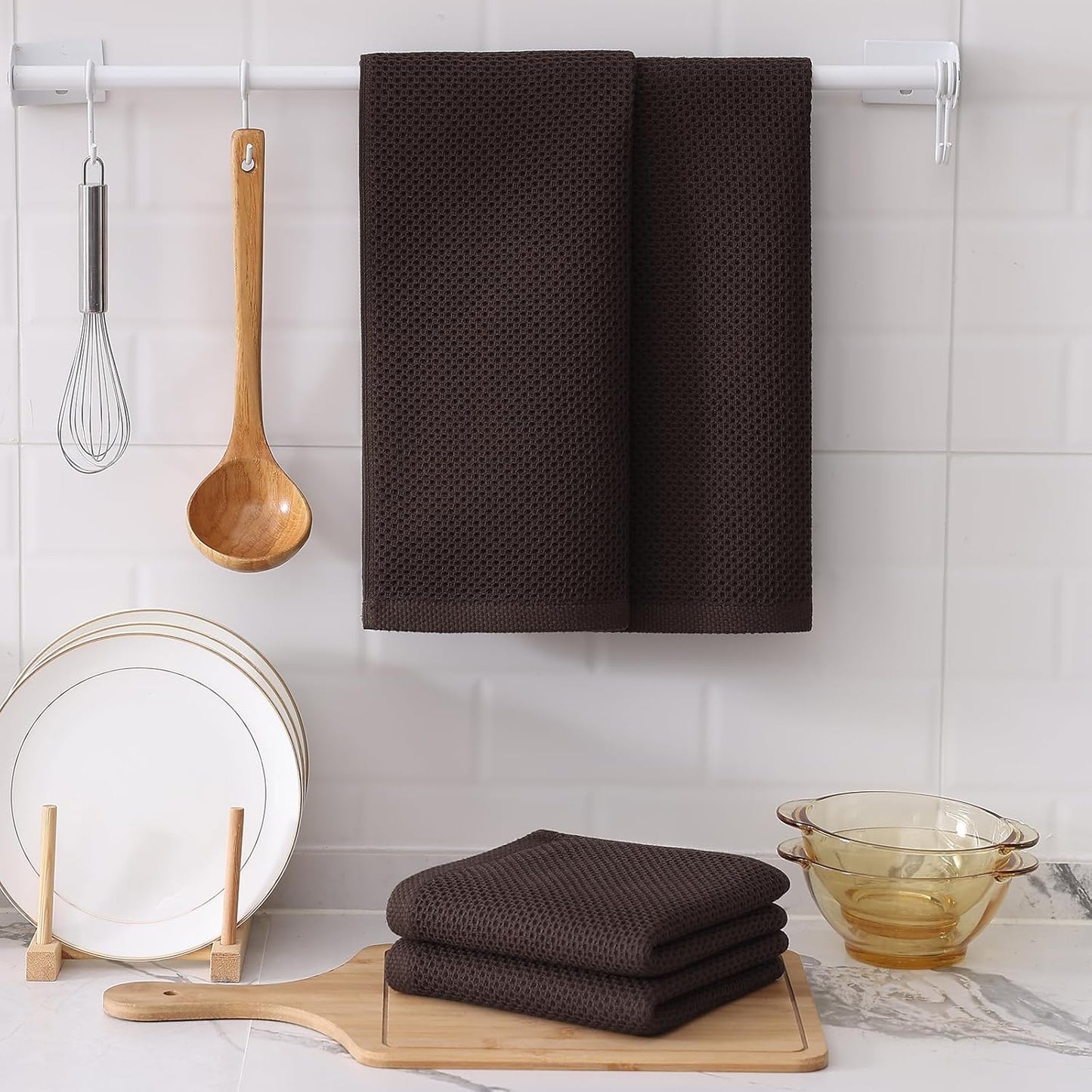 Kitinjoy 100% Cotton Waffle Weave Kitchen Towels, 8-Pack Super Soft and Absorbent Dish Towels for Drying Dishes, Kitchen Hand Towels, 13 in x 28 in, Dark Brown