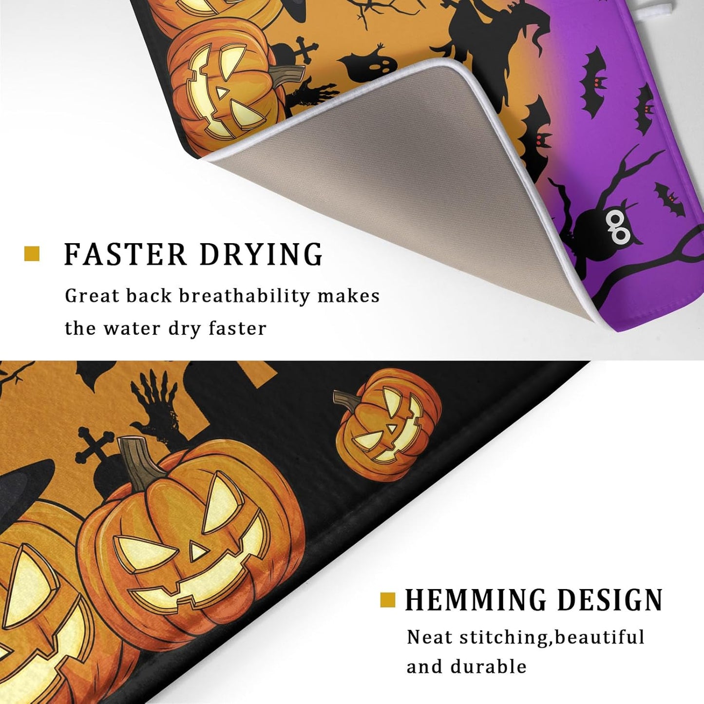 Happy Halloween Pumpkin Dish Drying Mat for Kitchen Counter,Witch Ghost Castle Bat Purple Drying Mat 18 x 24 Inch with High Absorbent Microfiber Drainer Mat for Coffee Bar
