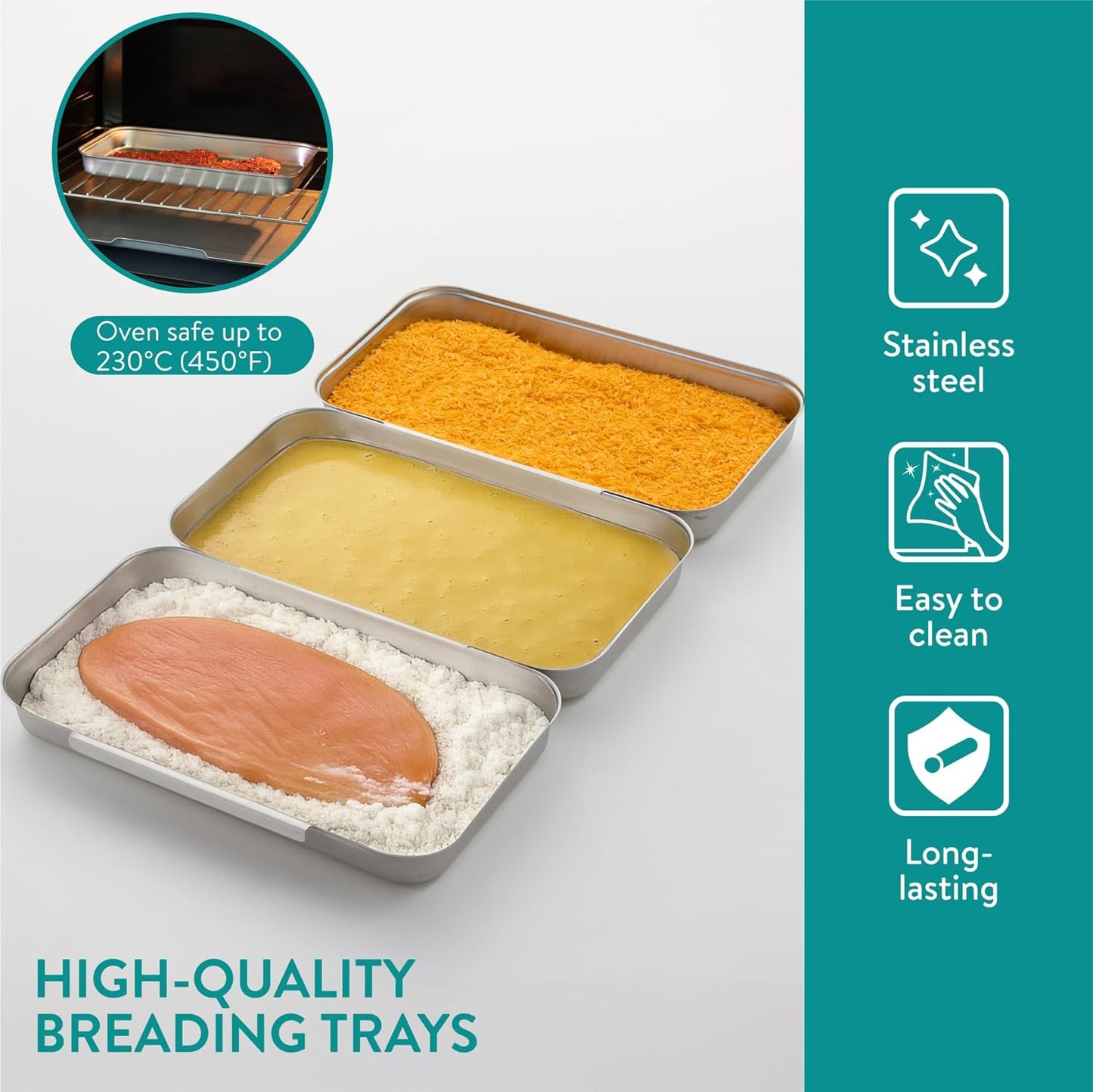 Navaris Stainless Steel Breading Trays, Set of 3 - Interlocking & Stackable Tray Design - 27x15cm Baking and Cooking Sheets - Oven and Dishwasher Ready for Versatile Kitchen Use