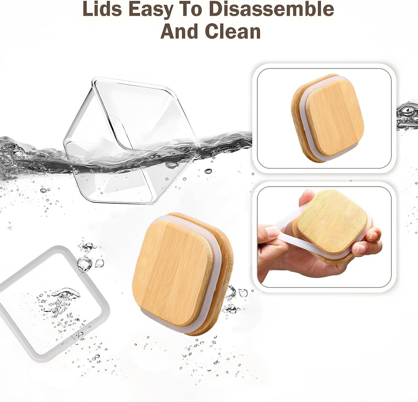 Square Storage Containers with Airtight Lids, Clear Food Storage Container Jar with Sealing Bamboo Lid for Noodles Flour Cereal Rice Sugar Tea Coffee Beans