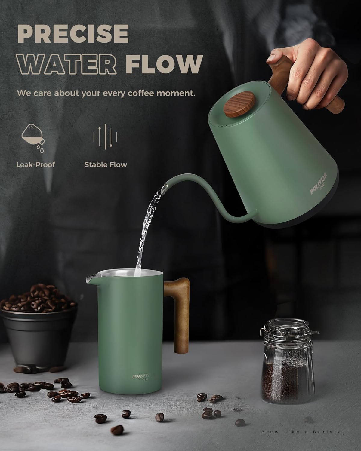 POLIVIAR Electric Gooseneck Kettle, 1350W Electric Tea Kettle Wood Pattern Handle, 34oz Pour Over Electric Kettle for Coffee & Tea, 18/8 Stainless Steel Inner, Temperature Control & Rapid Heating