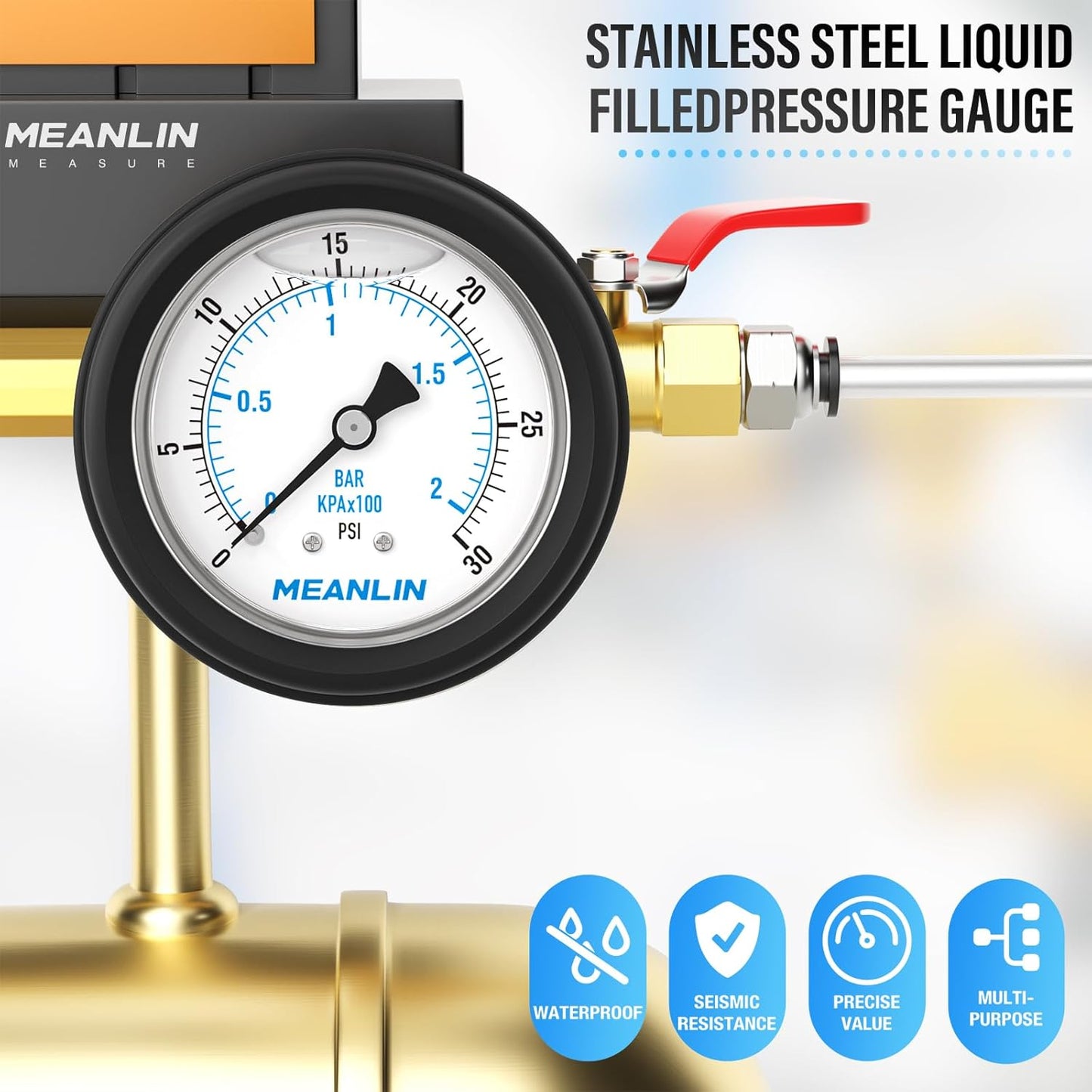 MEANLIN MEASURE 0~30Psi Stainless Steel Liquid Filled Pressure Gauge 1/4" NPT 2.5" FACE DIAL with Rubber Protective Sleeve, Center Back Mount