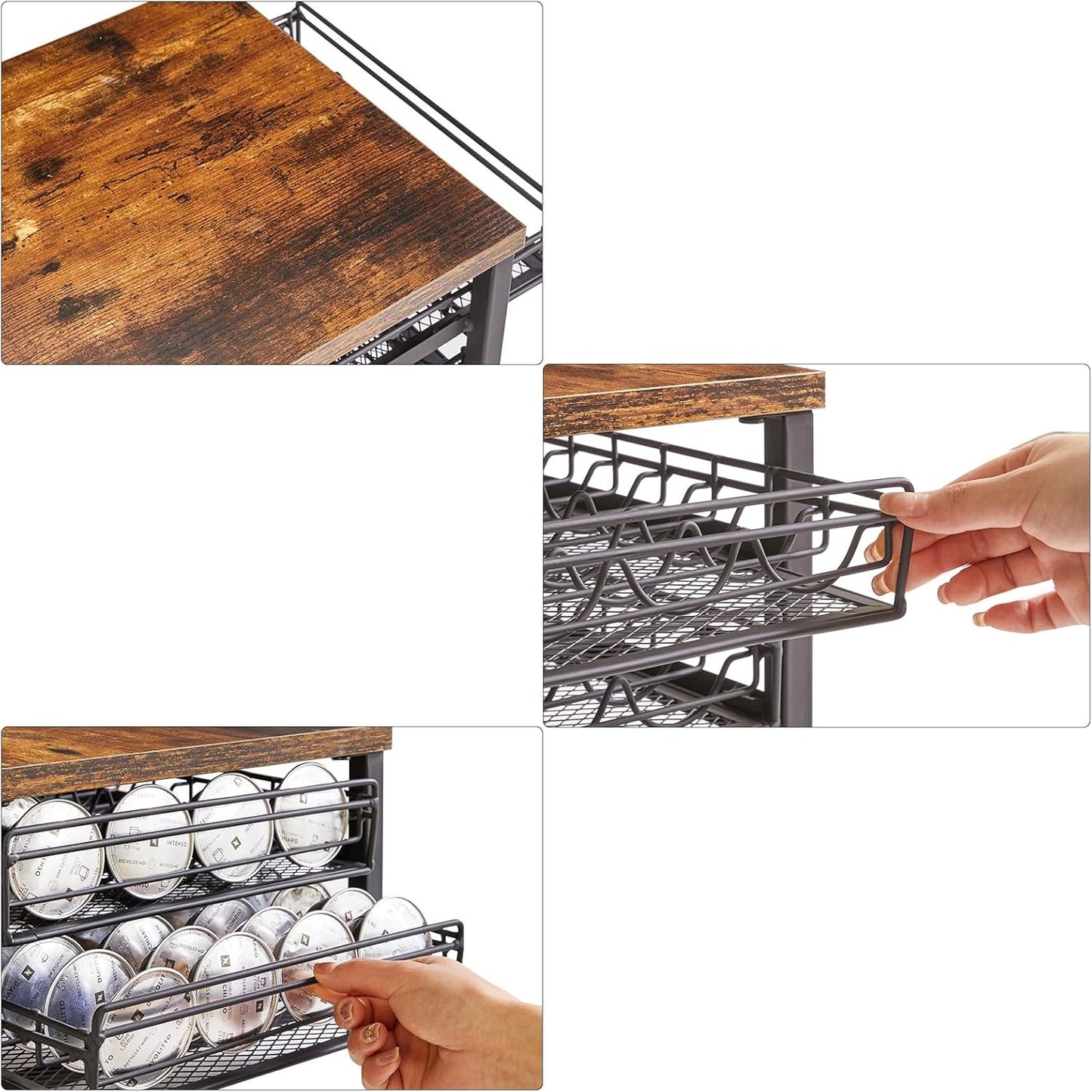 IBUYKE 2-Tie Coffee Pod Drawer Holder,80 Capsule Pods,Compatible for Nespresso Vertuo Pods,Wooden Top and Mesh Shelves,Home Kitchen Counter Coffee Bar Organizer, Rustic Brown,TCJ102H