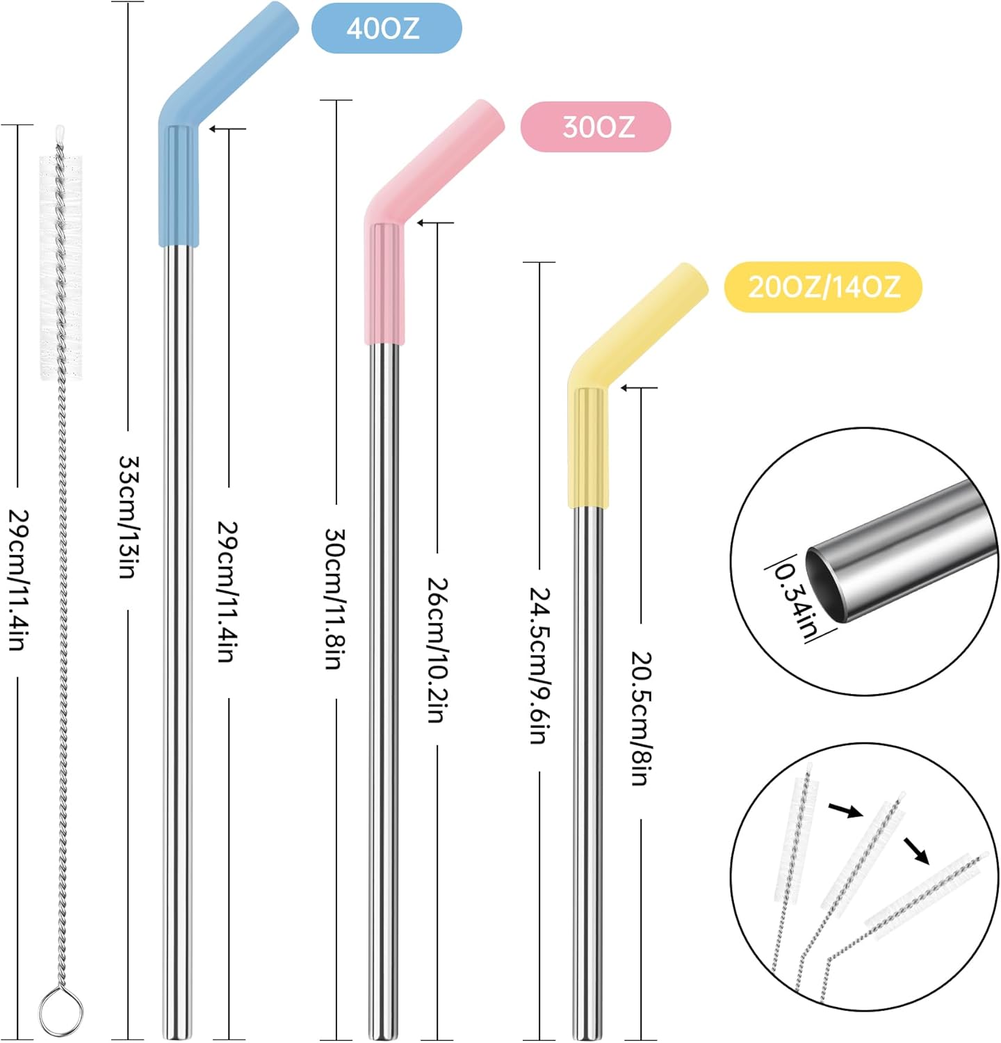 Tomorotec 6-Pack Reusable Stainless-Steel Straws with Silicone Tips, 3 Sizes Compatible with Stanley Tumblers 40OZ 30OZ 20OZ 14OZ, Dishwasher Safe, Includes 2 Cleaning Brushes (Candy Land)