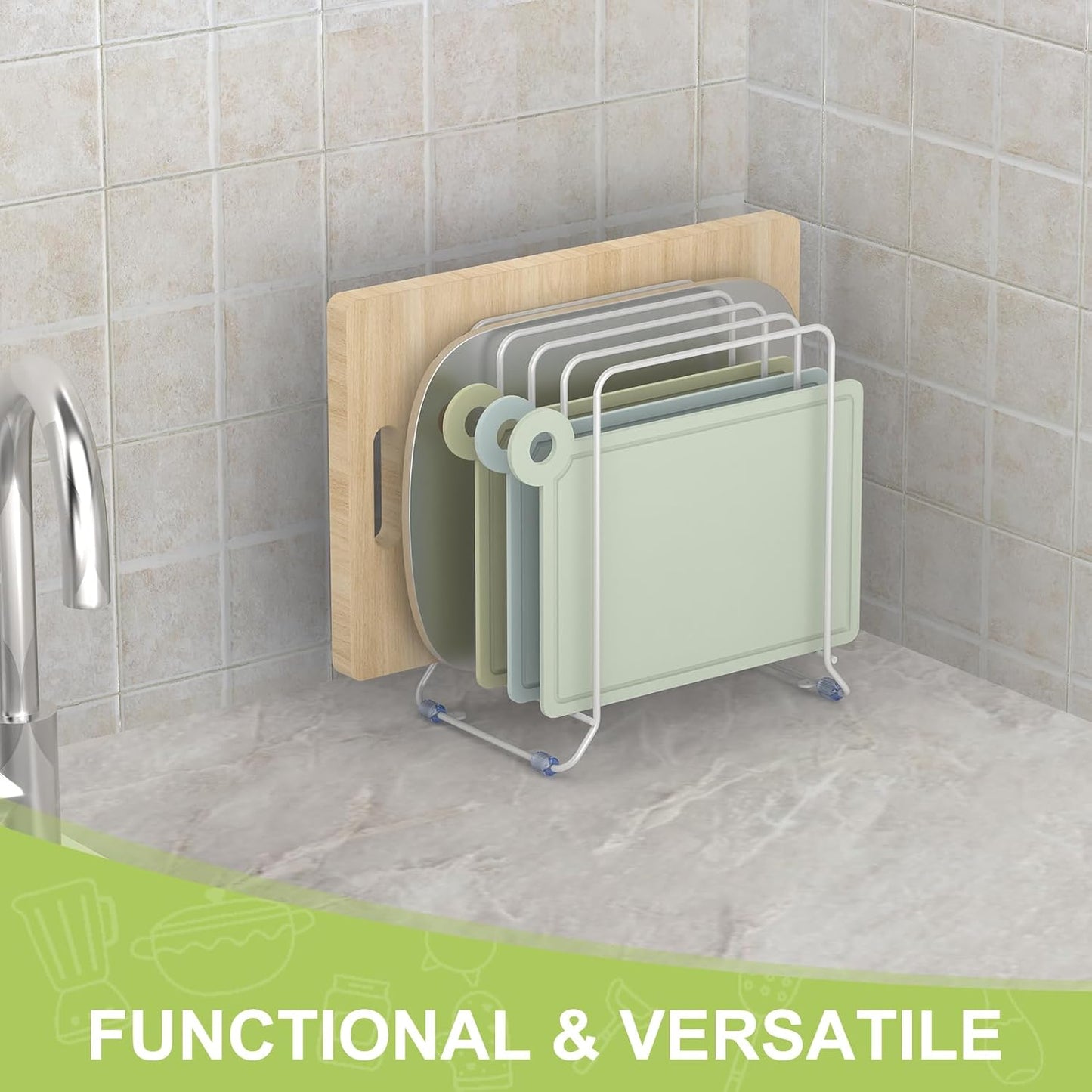 AKAZA 2 Pack-X-Large Kitchen Cabinet Organizer - Storage Tray Organizer Rack for Kitchen Cabinet - Divided Holder with 5 Slots for Skillets, Cutting Board, Baking Sheets- (White)