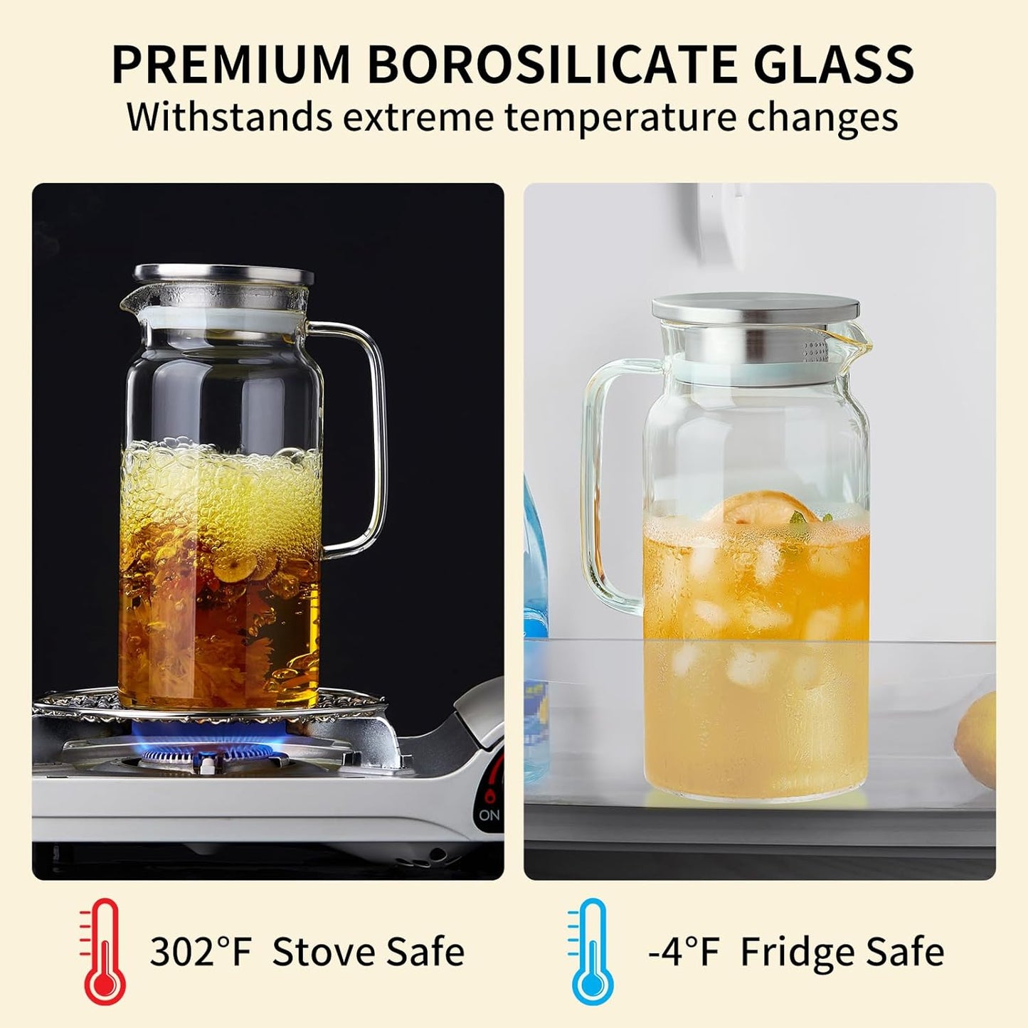 42OZ Glass Pitcher with Lid and Spout, Water Jug, 1250ml Carafe for Hot/Cold Water, Large Iced Tea Pitcher for Coffee, Juice and Homemade Beverage