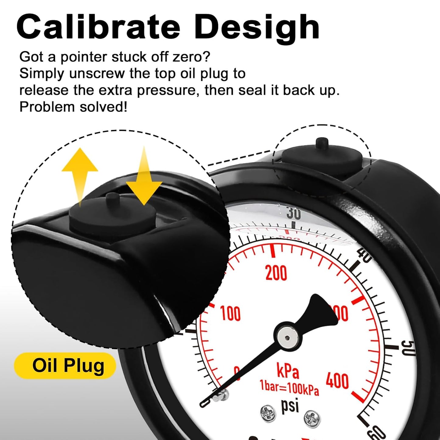 60 Psi 304 Stainless Steel,Glycerin Filled, 2.5" Dial, 1/4" NPT Lower Mount, Pool Pump Pressure Gauge Replacement for Swimming Pool, Spa and Aquarium Valve Filter, IP67 Waterproof