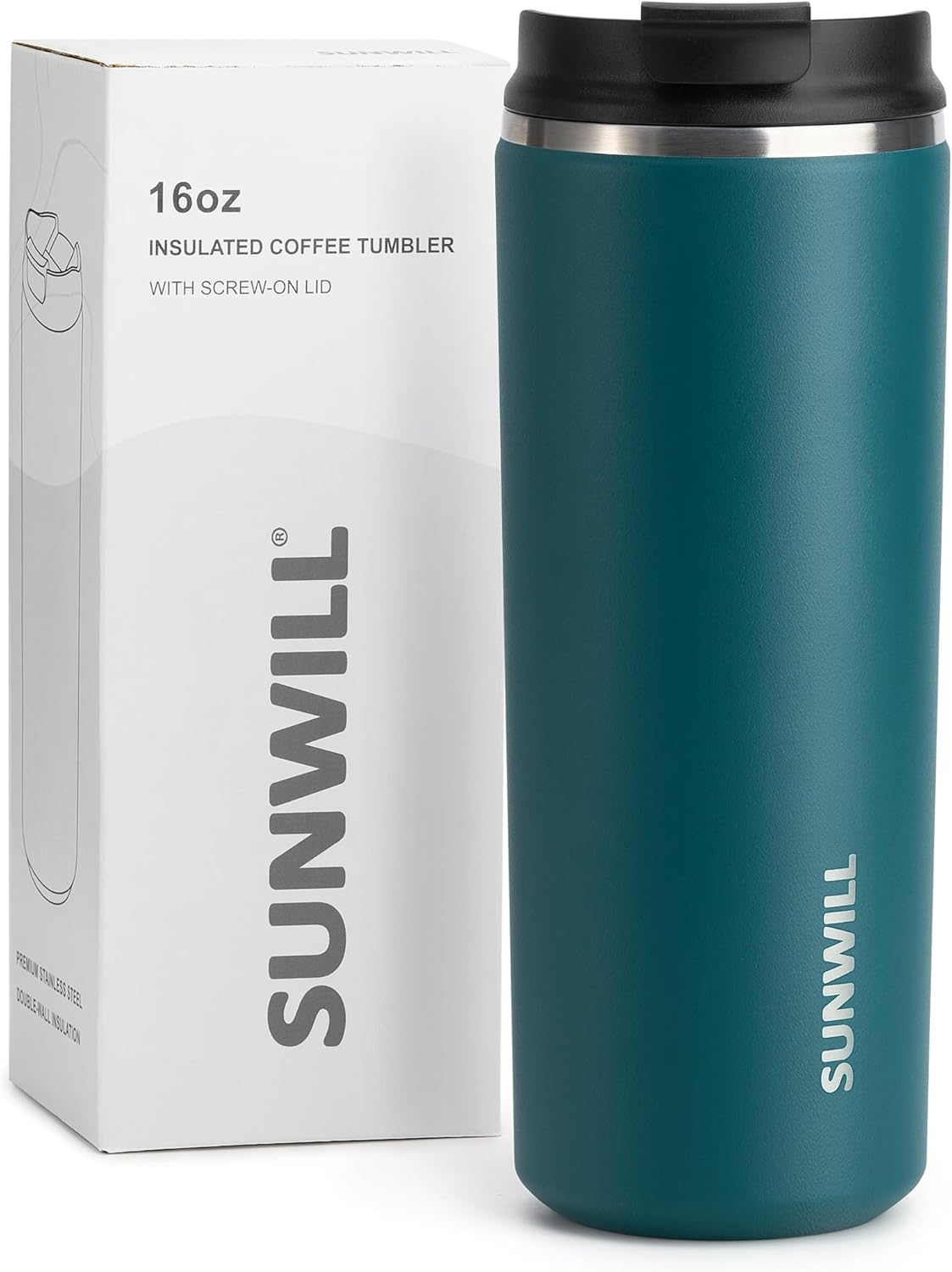 SUNWILL Travel Coffee Mug with Lid, Leak Proof Tumbler Stainless Steel, 16 oz Insulated Cup for Water, Tea, Ice, Powder Coated Peacock Blue