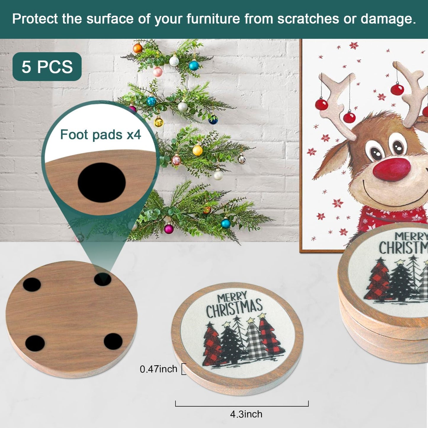 Christmas Tree Coasters for Drinks, Minacun Absorbent Coaster Set of 5, White Elephant Gifts, Secret Santa Gifts, Xmas Decor, Drinks Coasters for Coffee Tabletop Protection, 4.3 Inches