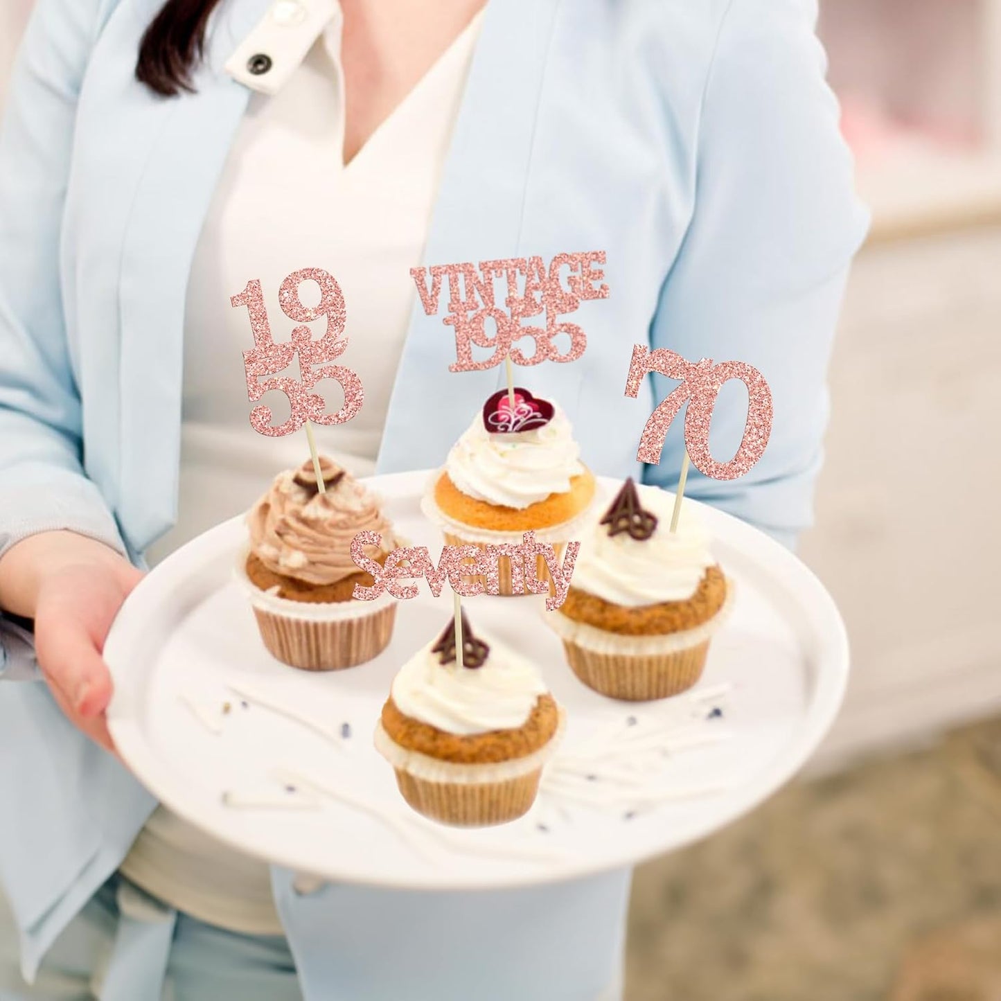 Gyufise 24Pcs 70th Birthday Cupcake Toppers Glitter Cheers to 70 Fabulous Seventy Vintage 1955 Cupcake Picks 70th Birthday Wedding Anniversary Party Cake Decorations Supplies Rose Gold