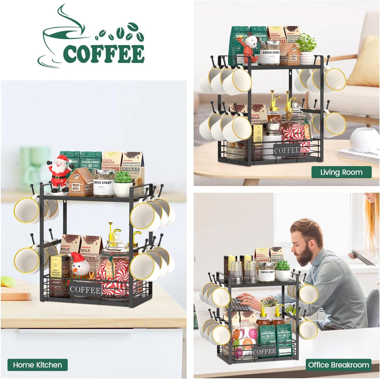 EsLuker.ly Coffee Mug Cup Holder Tree Bar Station Organizer, 2 Tier Mug Stand Rack for Countertop Kitchen, Storage Tower Display Shelf with 12 Hooks, Coffee Nook Enhancer, Black