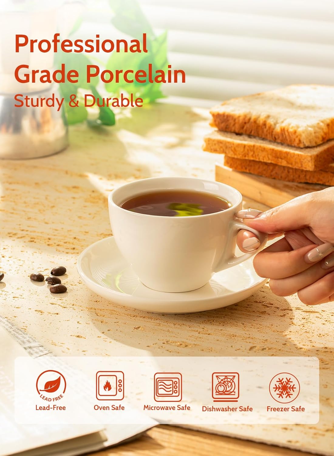 Sweese 6 Ounce Cappuccino Cups with Saucers, Porcelain Double Espresso Cups Set of 6 - White