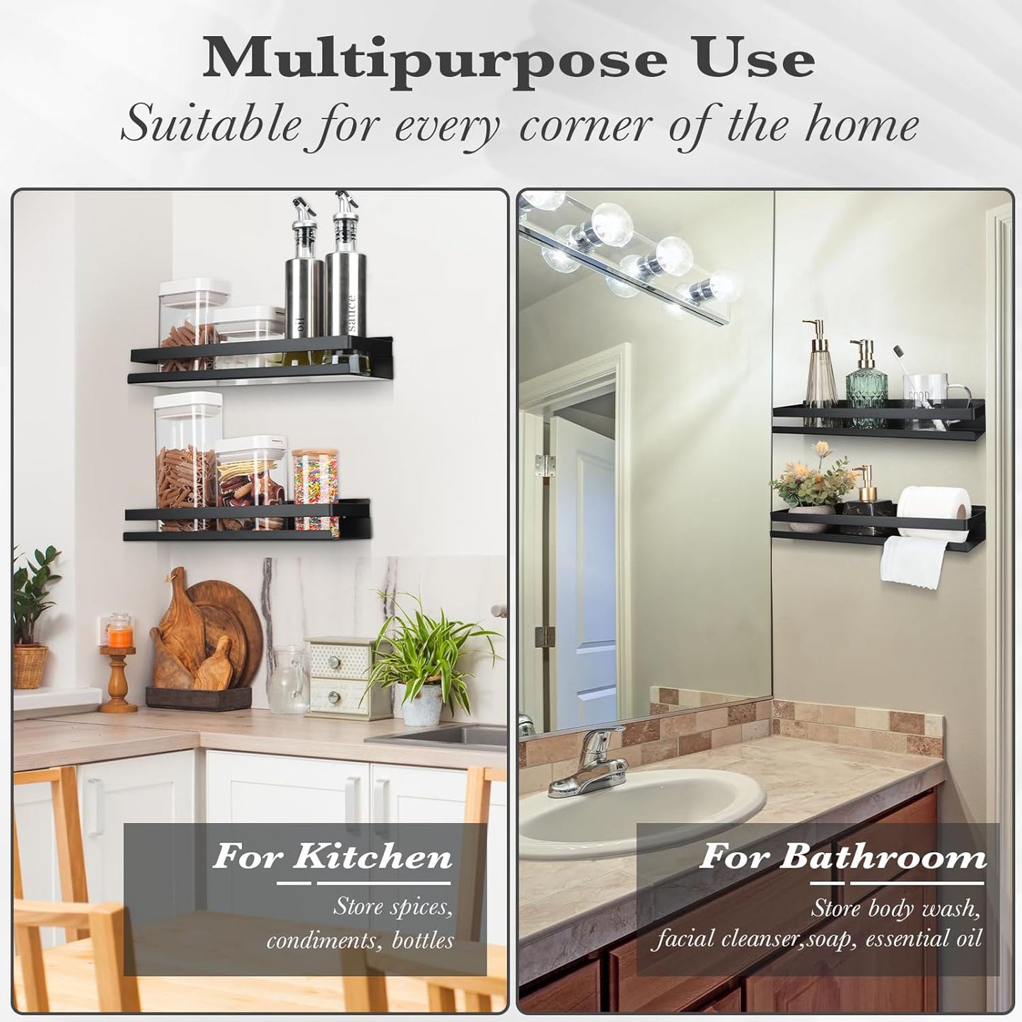 Lallisa 2 Pieces Stainless Steel Shelf Bathroom Shower Floating Shelves Wall Mounted Shower Caddy Basket Shelf Storage Organizer Shelves for Bathroom, Kitchen, Living Room (Black,15.75 Inch/ 40 cm)