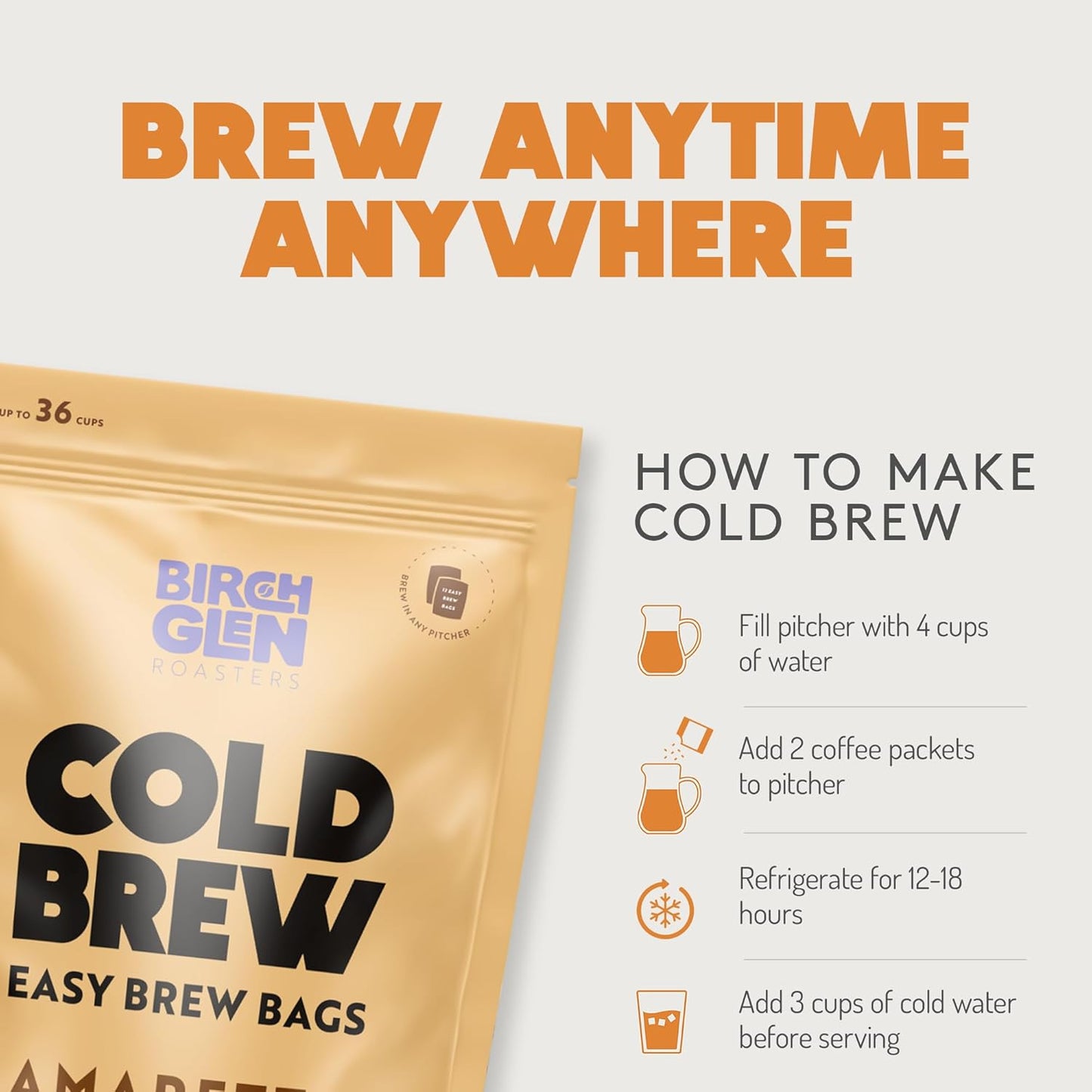 Birch Glen Roasters Cold Brew Coffee Bags - 12 Pack of Coarse Ground Coffee Filter Pitcher Packs for Easy Brewing - 100% Arabica - Yields 6 Pitchers - French Vanilla Flavor