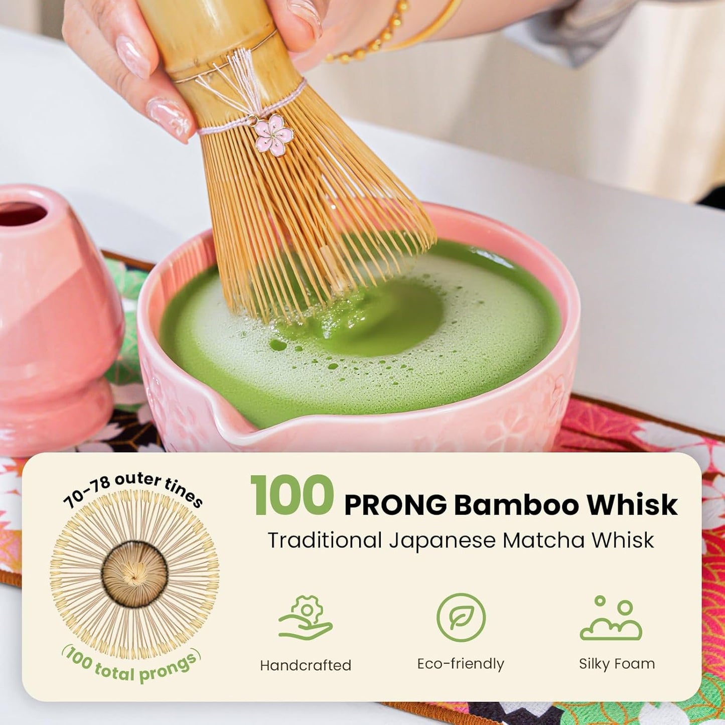 Matcha Whisk Set, Ceramic Matcha Set Includes Matcha Bowl, Whisk & Holder, Scoop, Sifter, Spoon, Scoop Rest, Tea Mat, Hand Book - 9 Pcs Kit for Matcha Lovers (Pink)