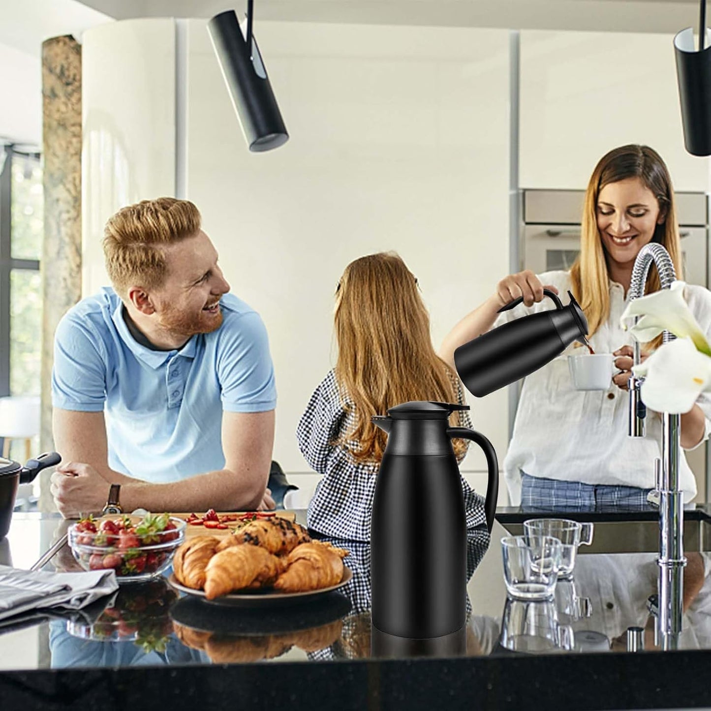 2pcs 70oz Coffee Carafe Airpot Insulated Coffee Urn Stainless Steel Vacuum Thermal Pot Dispenser for Coffee, Hot Water, Tea, Hot Beverage - Keep 12 Hours Hot, 24 Hours Cold (Black)