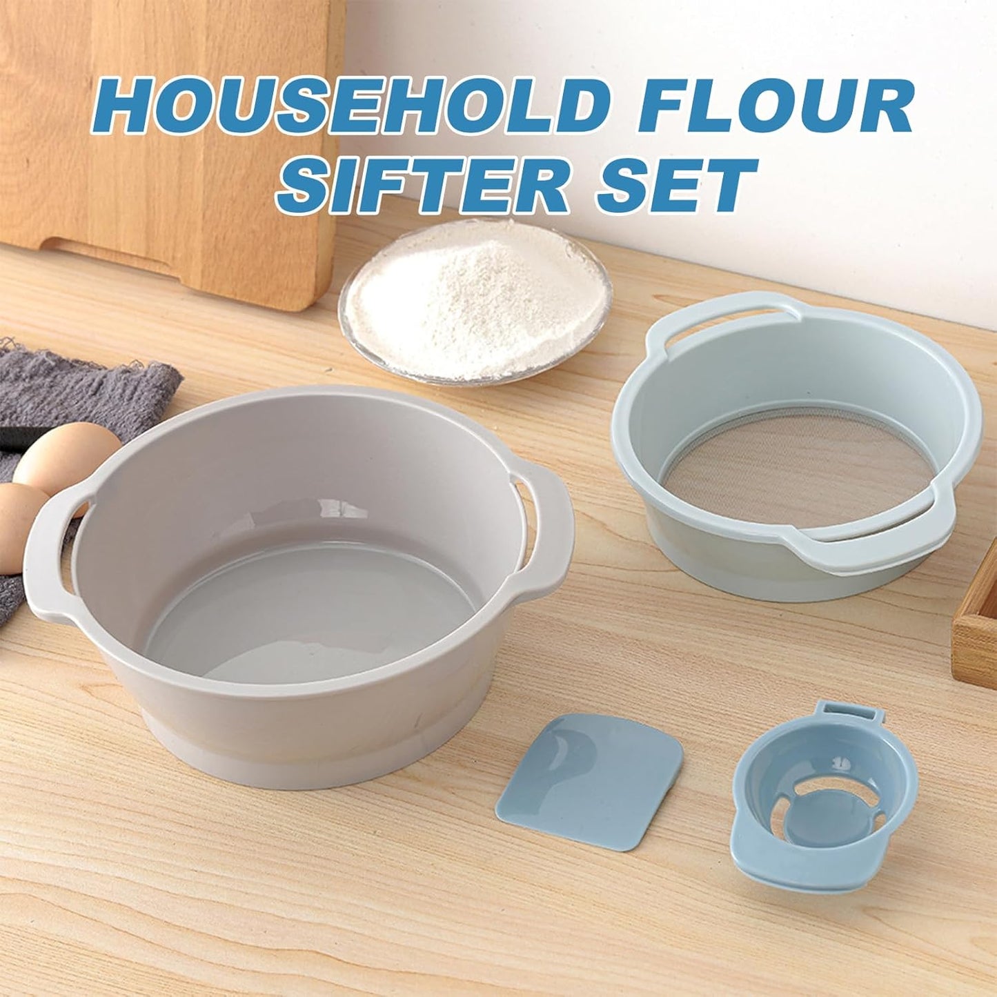 4-in-1 Baking Tools Set, Multifunctional Flour Sifter, Egg Separator, Mixing Bowl & Dough Scraper for Pastry & Cake Making, Send Goods from Local Warehouse
