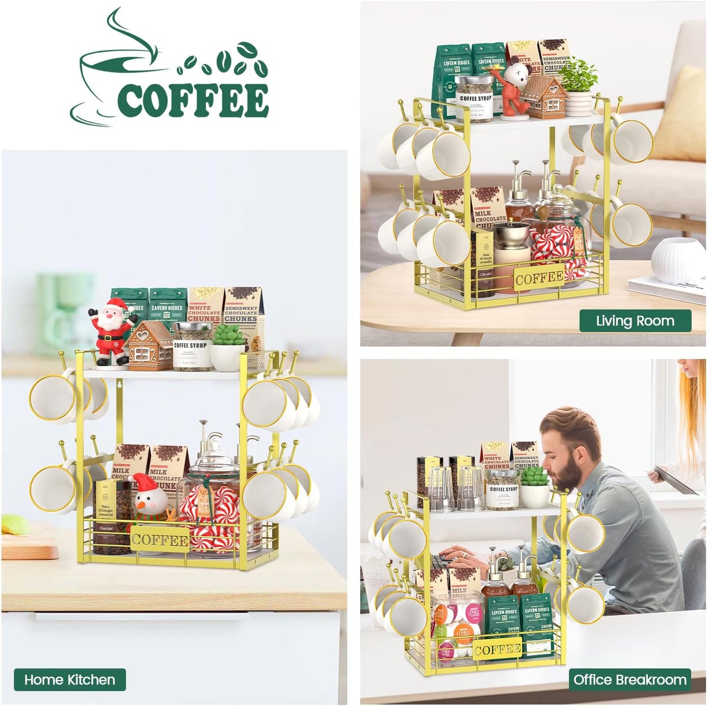 EsLuker.ly Coffee Mug Cup Holder Tree Bar Station Organizer, 2 Tier Mug Stand Rack for Countertop Kitchen, Storage Tower Display Shelf with 12 Hooks, Coffee Nook Enhancer, White-Gold