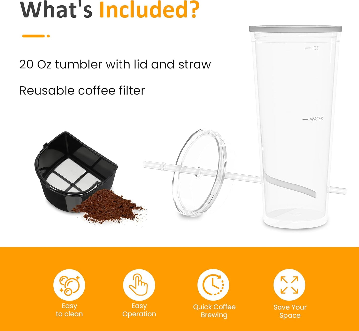 SUNVIVI 20 Oz Iced Coffee Maker for Ground Coffee, Cold Brew Tea Maker with Reusable Coffee Filter and Insulated Pitcher, Single Serve Machine for Home, Strength Control for Flavor, Black