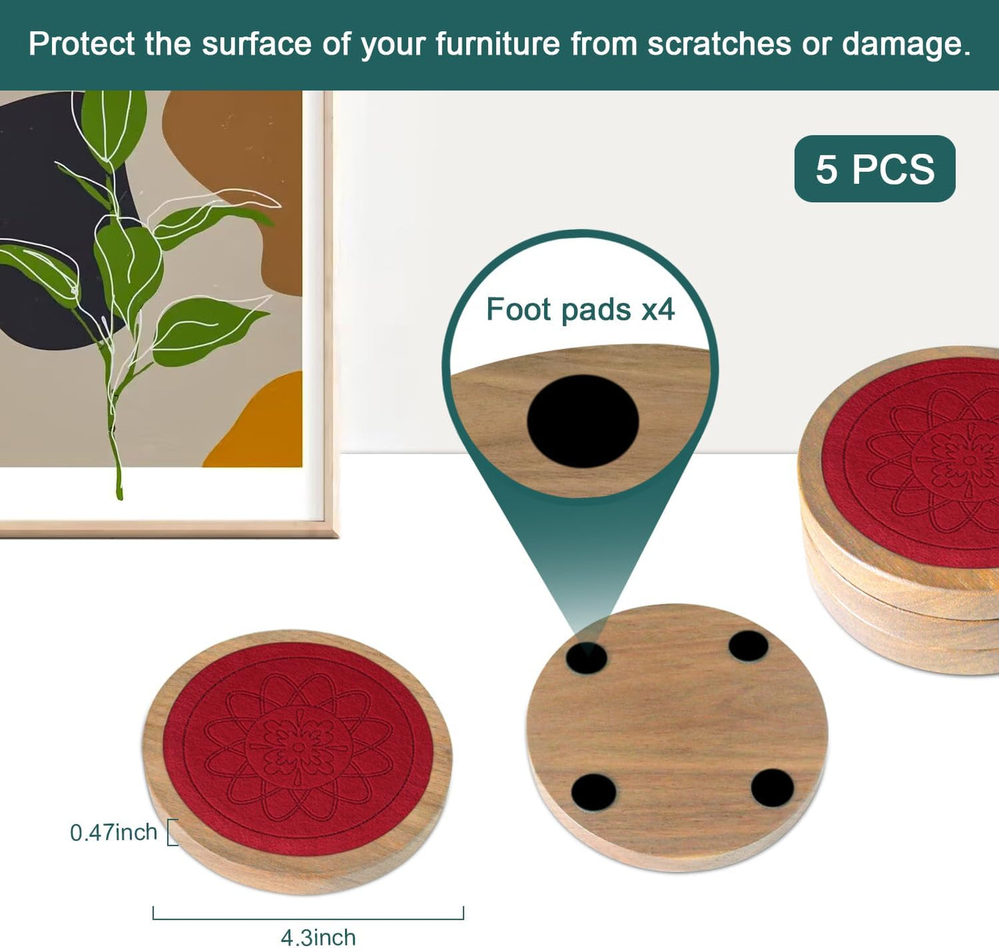 5 Pack Wood Coasters for Drinks, Minacun Absorbent Coaster Set, Drinks Coasters for Coffee Tabletop Protection, Non-Slip, Non-Stick, Suitable for Kinds of Cups Wooden Table Drink, 4.3 Inch Red