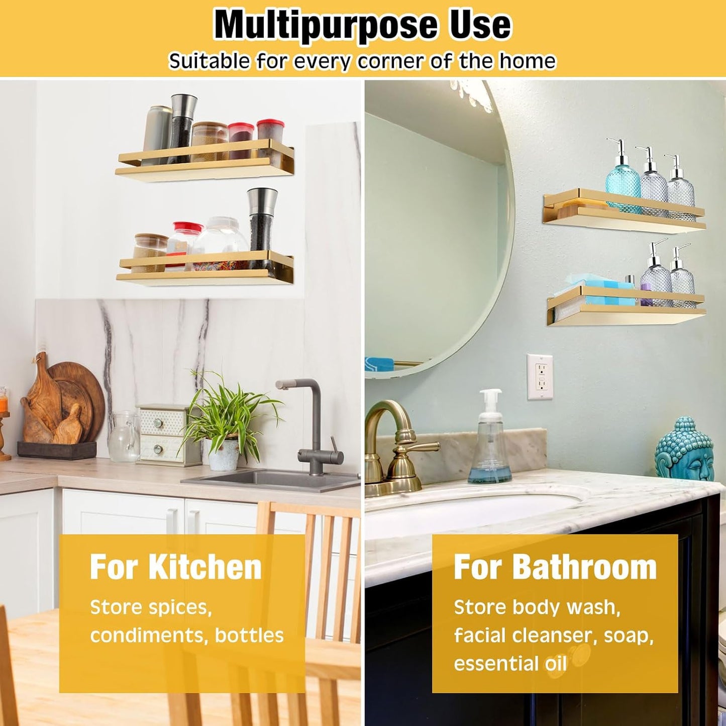 Lallisa 2 Pieces Stainless Steel Shelf Bathroom Shower Floating Shelves Wall Mounted Shower Caddy Basket Shelf Storage Organizer Shelves for Bathroom, Kitchen, Living Room (15.75 Inch/ 40 cm,Gold)